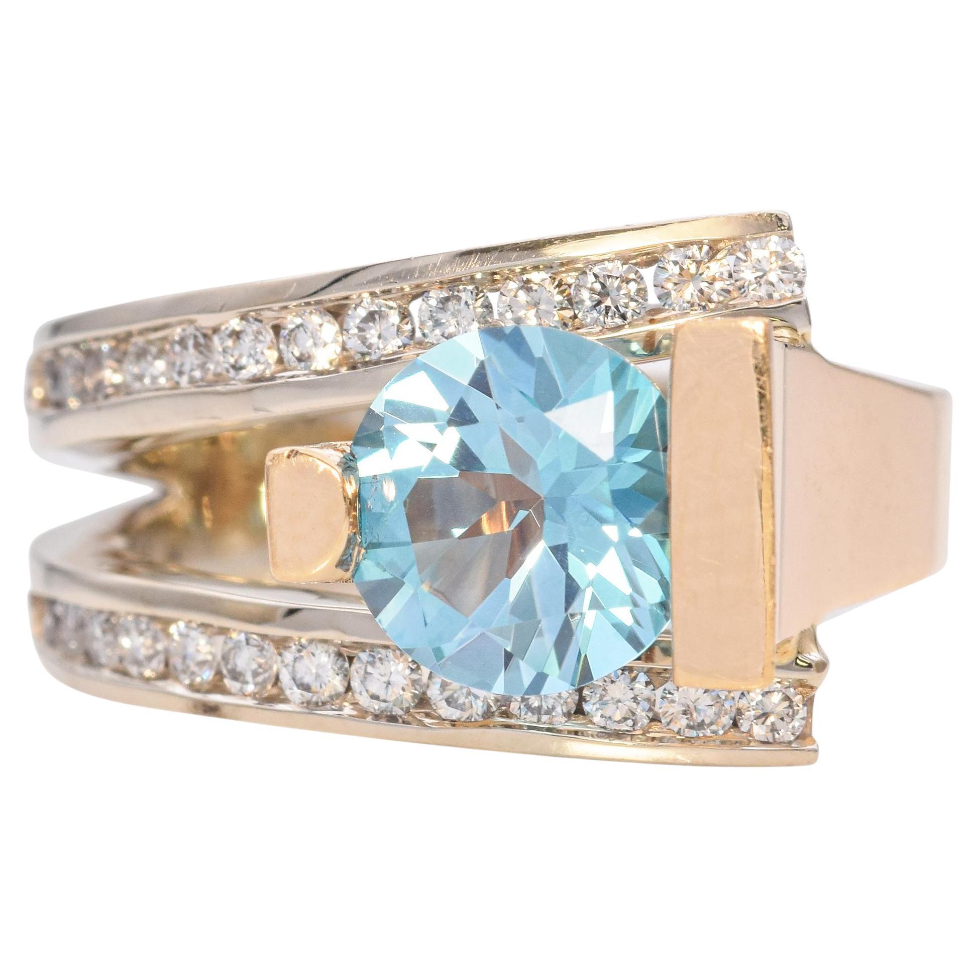 Frank Reubel 14K Gelbgold Blauer Topas & 0,39 TCW Diamantring mit Kanalfassung im Angebot