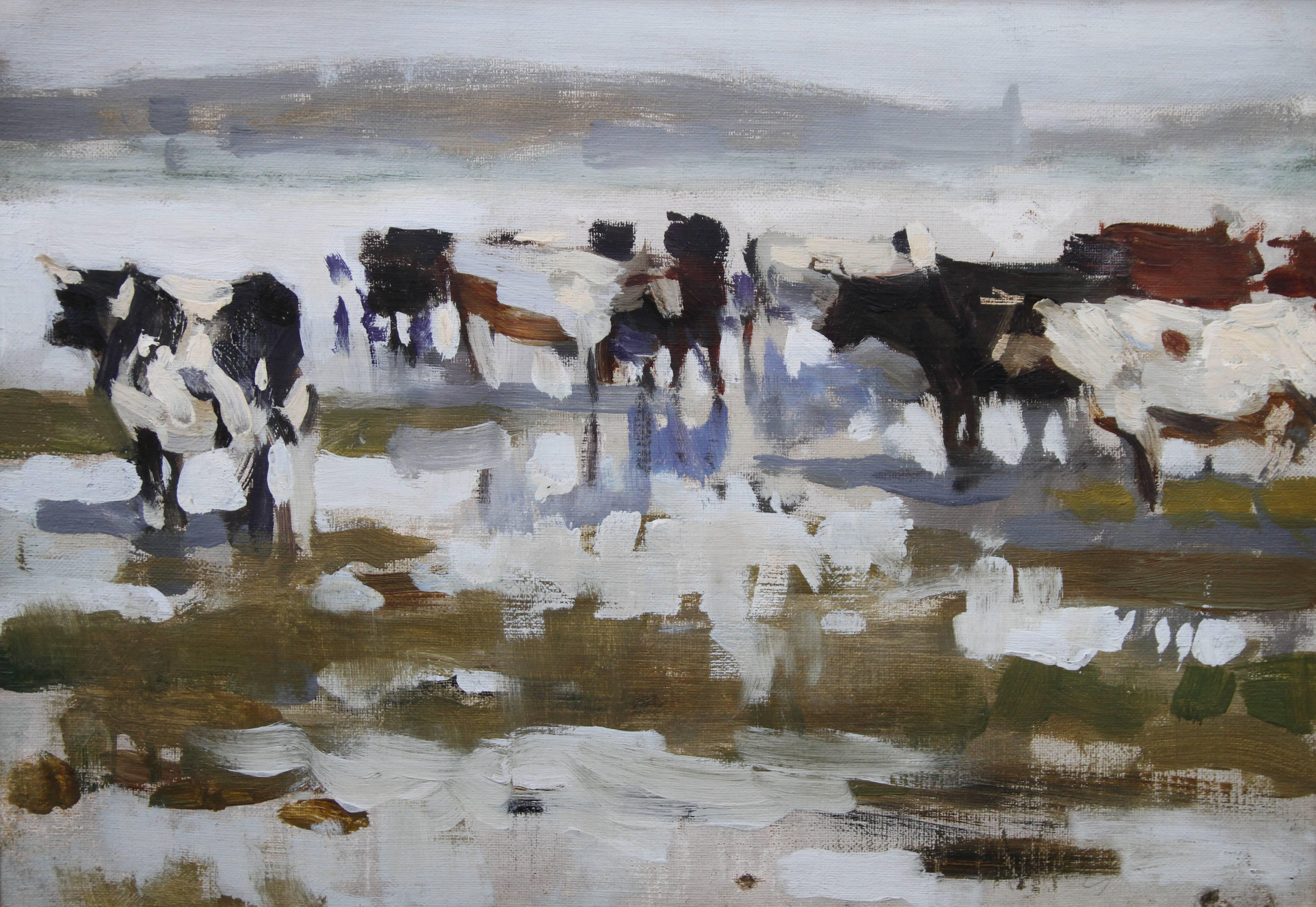 Frank Richards Animal Painting - Paddling Cows at Hayle - British Impressionist oil painting Newlyn school