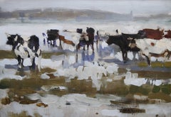 Paddling Cows at Hayle - Peinture à l'huile impressionniste britannique de l'école de Newlyn