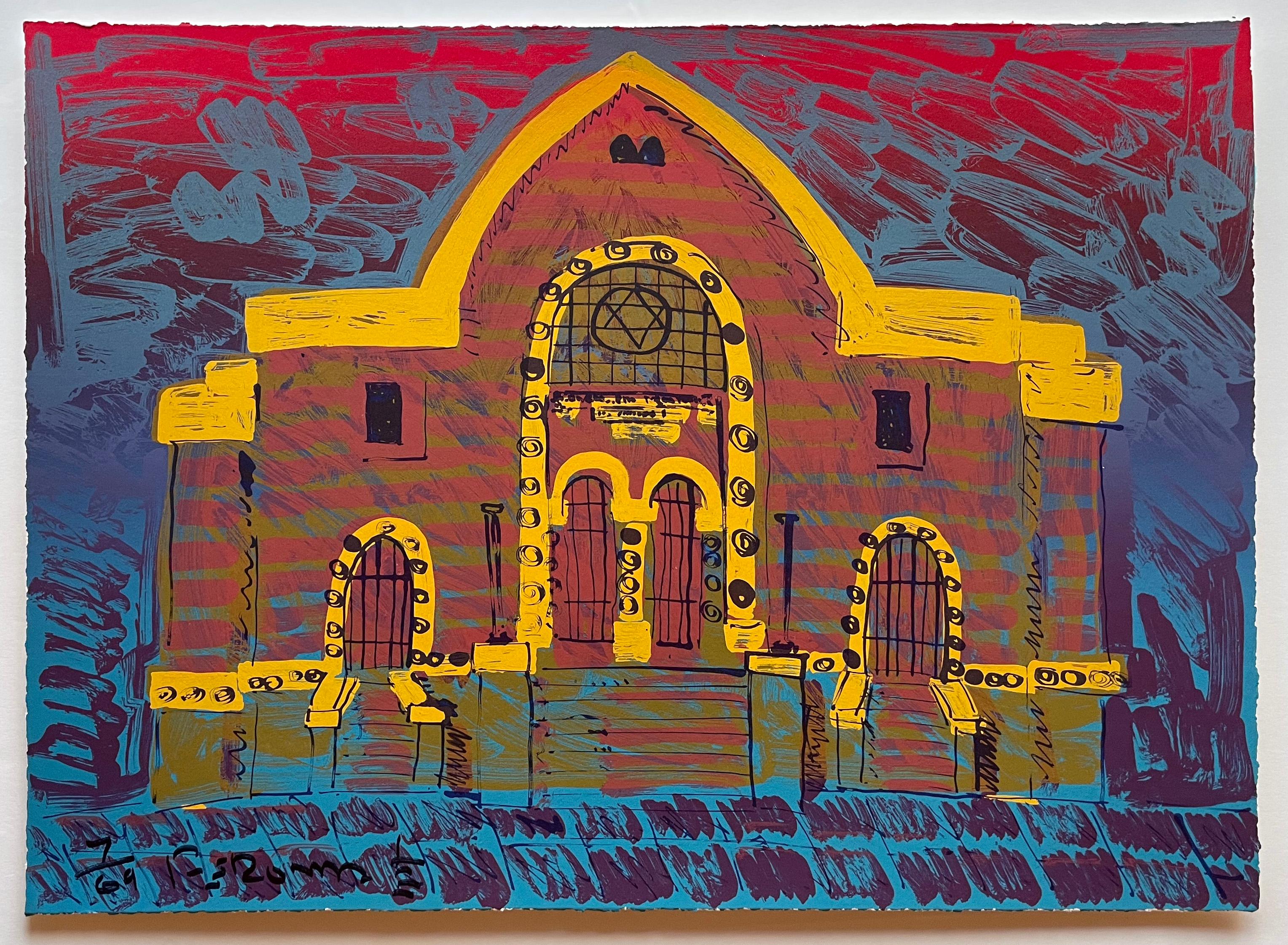 Signed and titled by the artist from the edition of 69. This print feature a small a small Jewish Shul in the Boyle Heights area of Los Angeles where Romero grew up, 

Romero was featured in the first solo exhibition of a Chicano artist at MOLAA