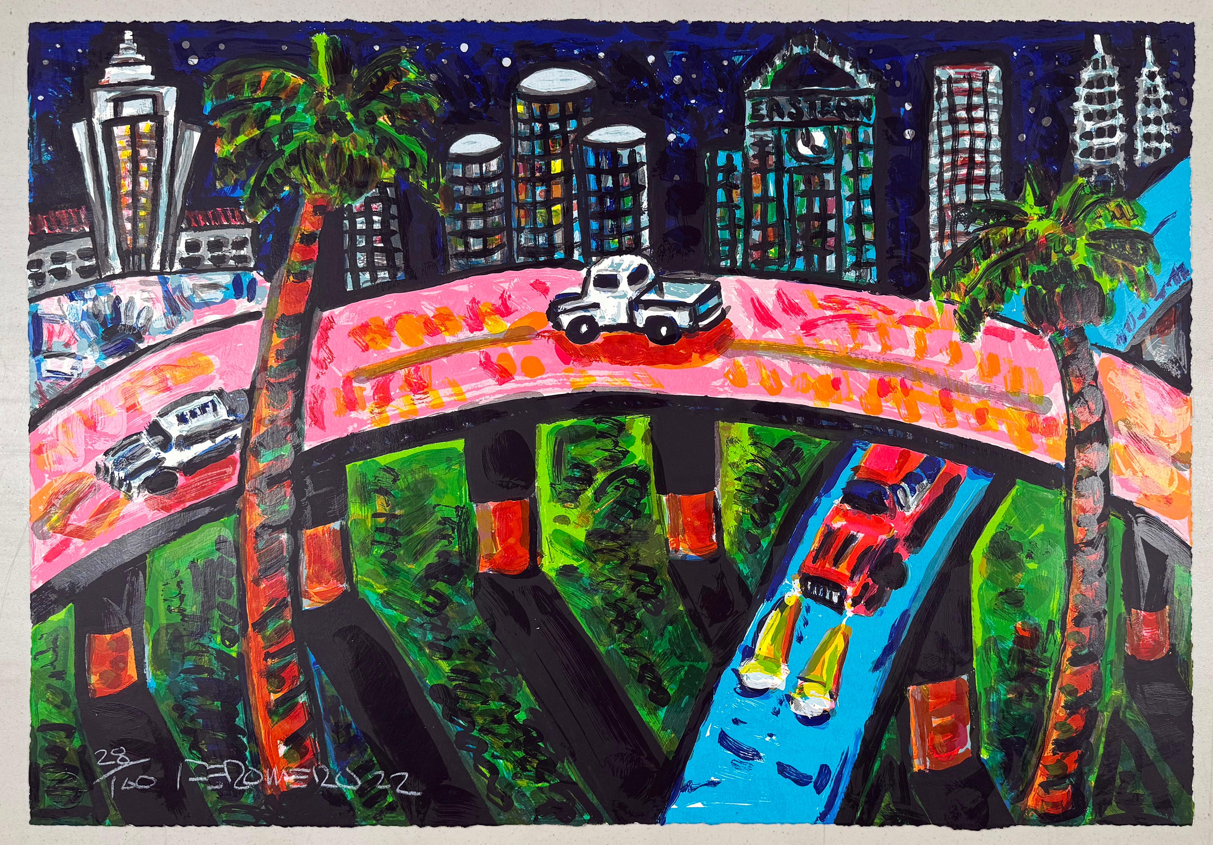 Medium: Serigraph
Image Size: 22 x 32 inches
Year: 1989
Edition: 140

This is an early print from 1989, featuring the view of cars on an overpass at night, against the backdrop of downtown Los Angeles. 

Throughout his 40 year career as an artist,