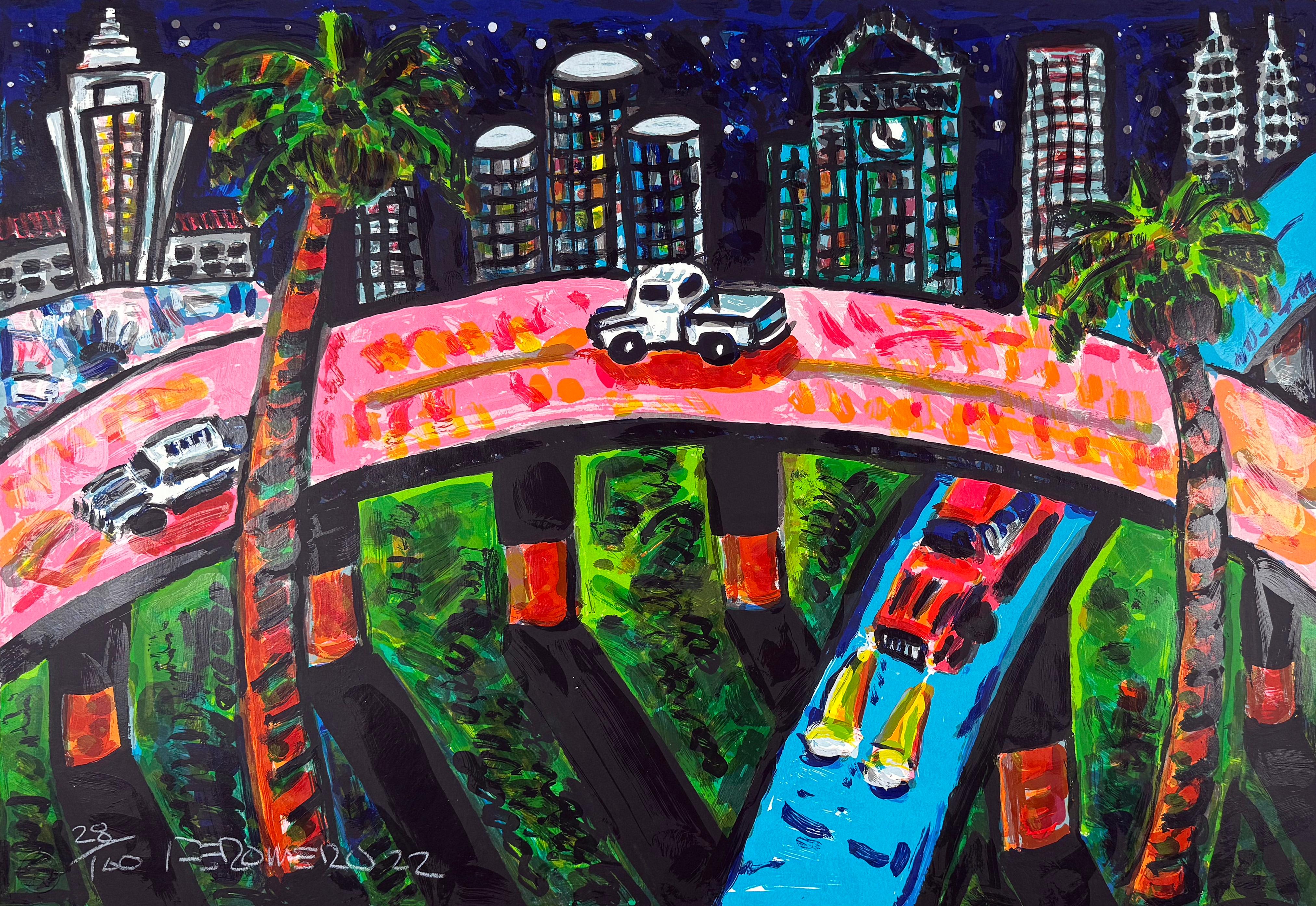 Medium: Serigraph
Image Size: 22 x 32 inches
Year: 2022
Edition: 100

This is a reworking of an early work by Romero, featuring the view of cars on an overpass at night, against the backdrop of downtown Los Angeles. 

Throughout his 40 year career