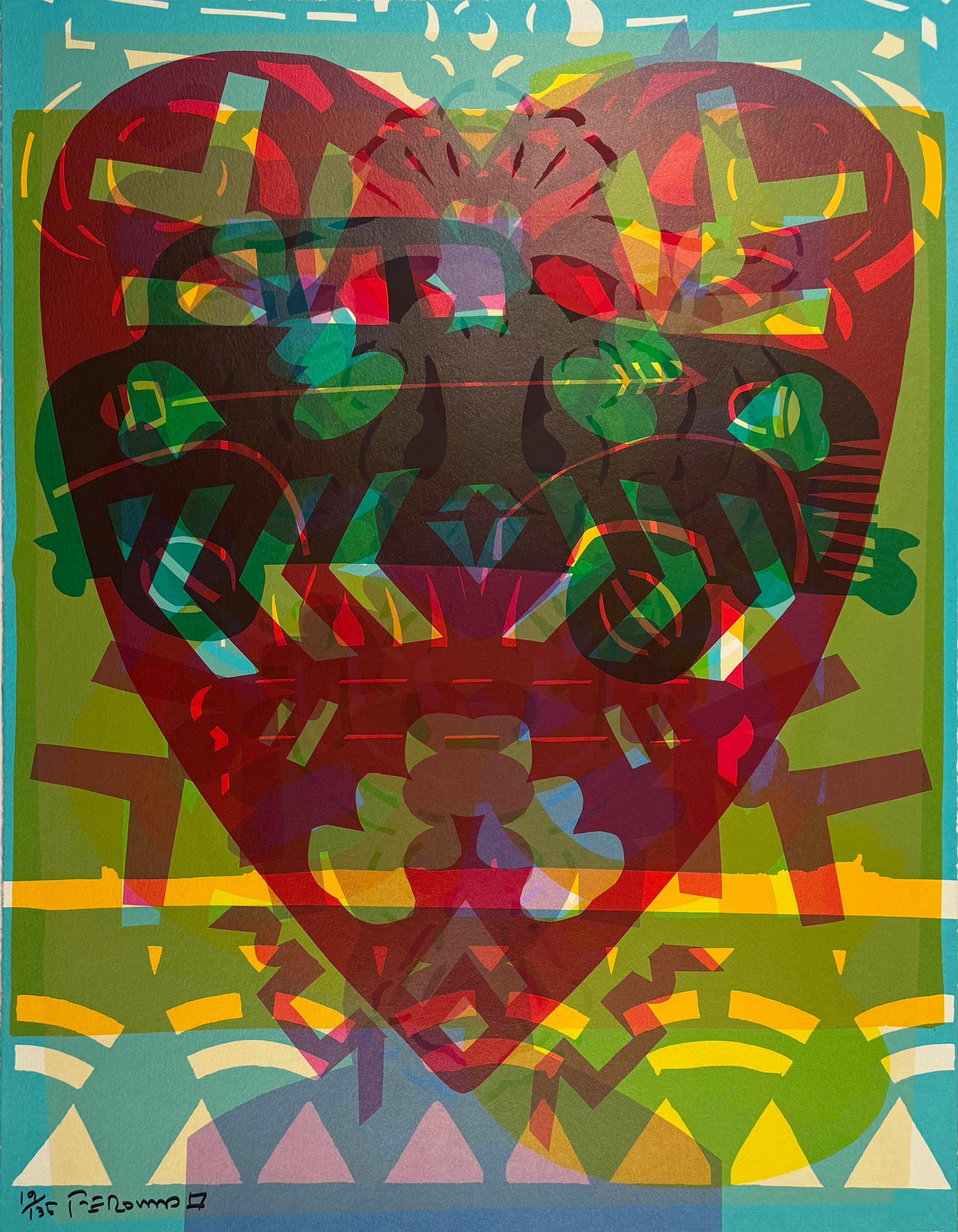 "Corazón De Aztlán", una vibrante stampa dell'artista chicano Frank Romero, racchiude la complessa interazione tra identità culturale, amore e vita urbana. L'opera d'arte presenta un suggestivo motivo a cuore, stratificato con forme e colori