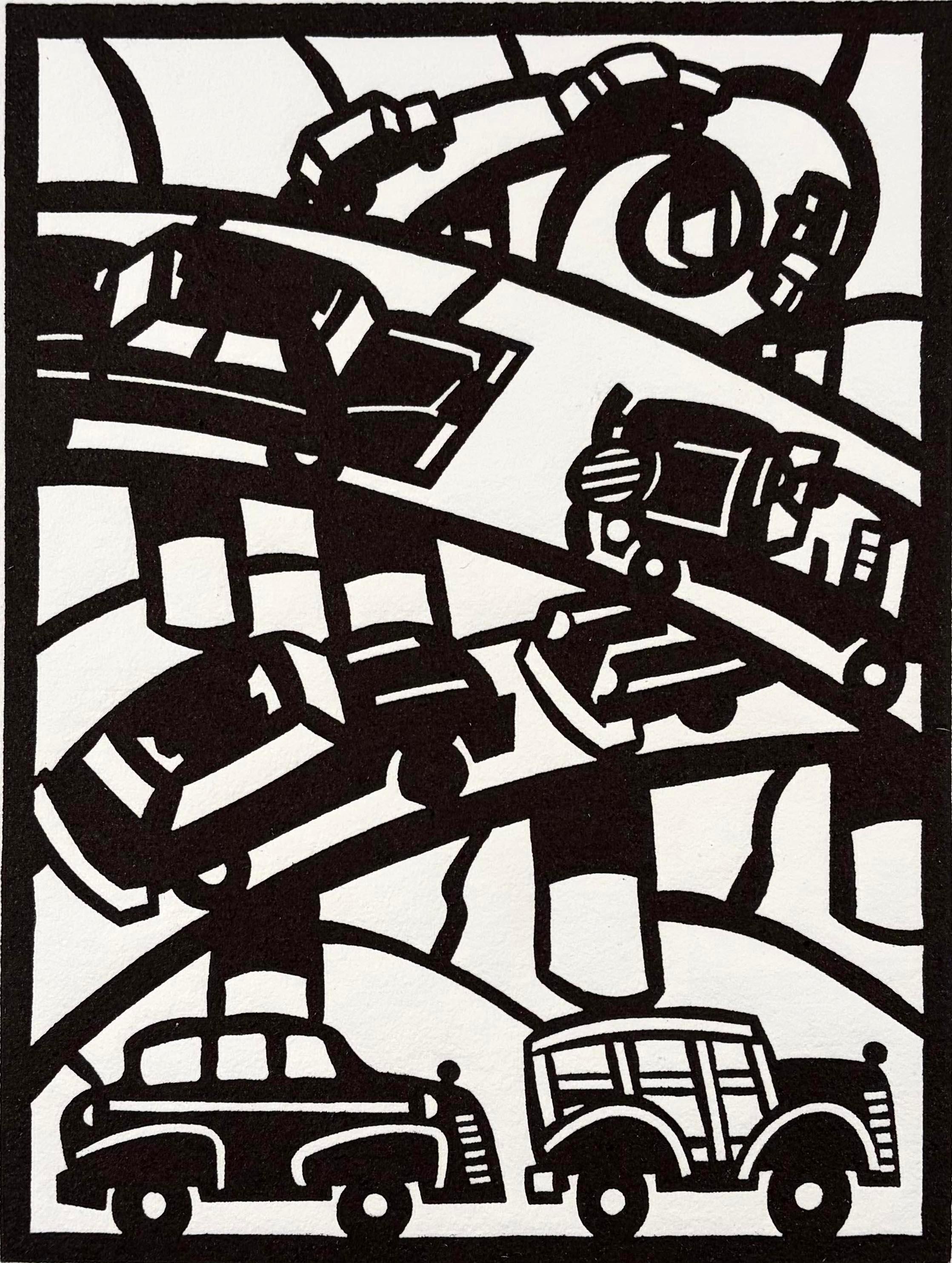 La xilografía «Tráfico en la autopista», de Frank Romero, sobre las autopistas de Los Ángeles
