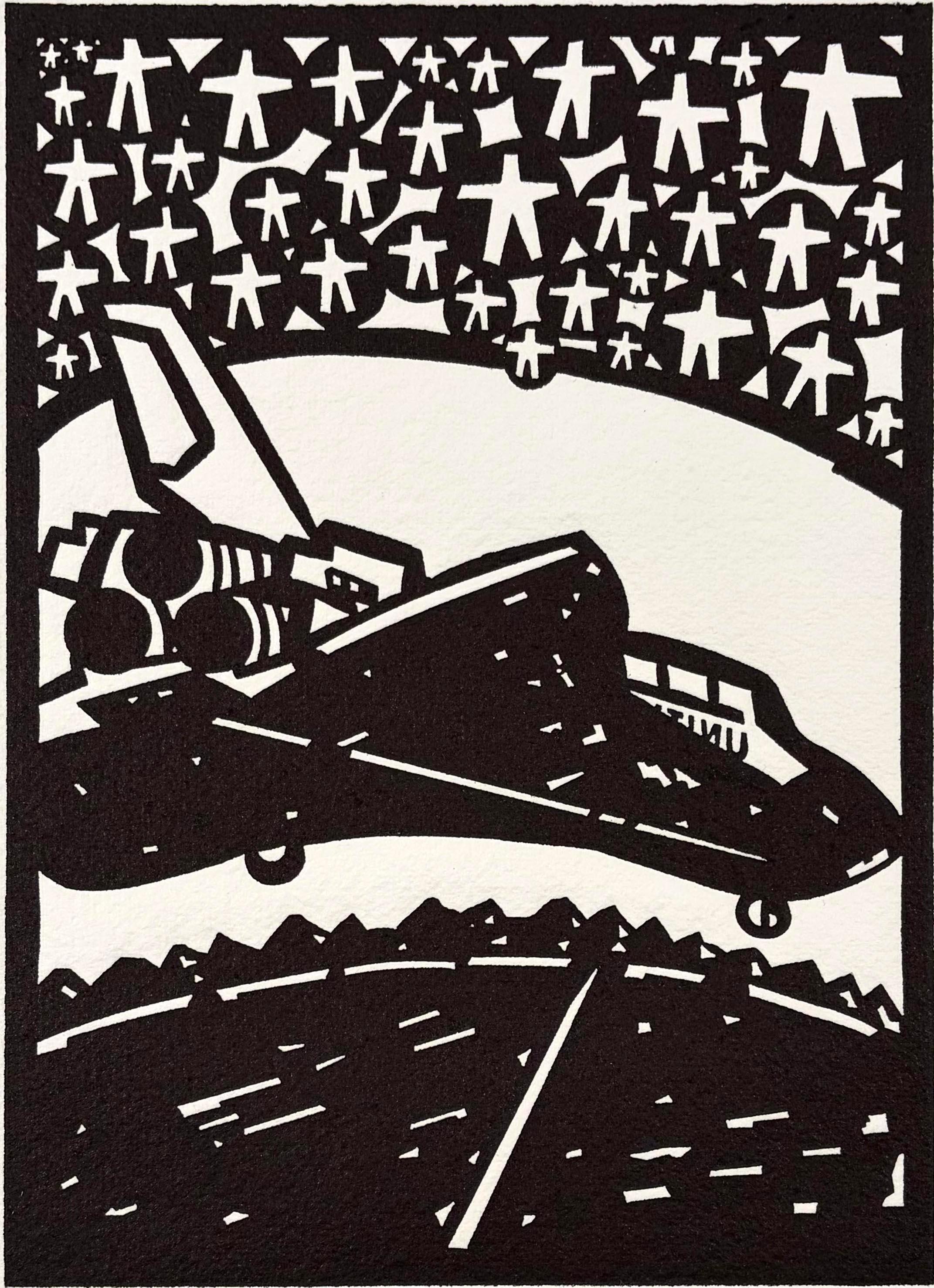 Signed and titled by the artist from the edition of 10.

Space Shuttle celebrates the aerospace industry that helped define Southern California's postwar identity. Romero combines the dramatic launch of a space shuttle with stylized figures gathered