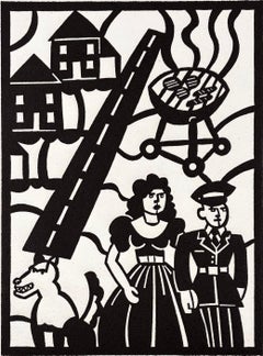 Frank Romero Postwar Couple Woodcut, California Life Print