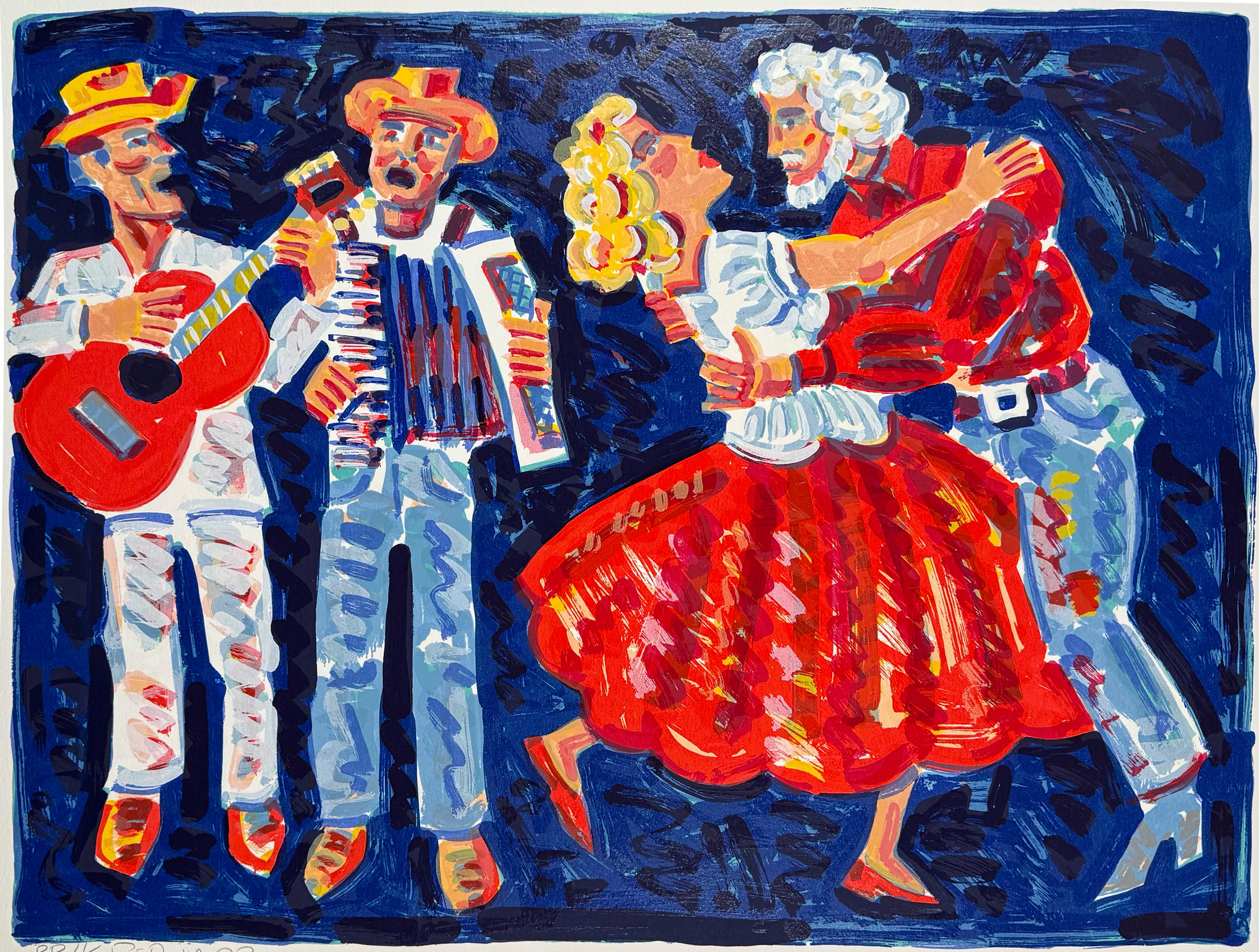 In Self-Portrait With Vikki Carr zelebriert Frank Romero die Freude an der Musik, indem er sich selbst mit der beliebten mexikanisch-amerikanischen Sängerin Vikki Carr tanzend darstellt, während eine lebhafte Conjunto-Band spielt. Die Szene fängt