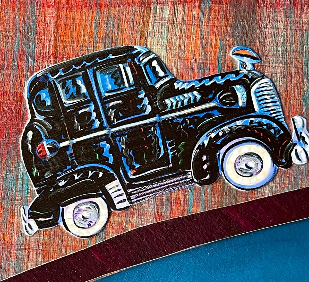 This one of two stencil and collage paintings  (AP 1/2) made on handmade paper from Bhutan.  Cars are a central theme in a lot of Chicano art, and Frank Romero has made several famous images on the theme.

Throughout his 40 year career as an artist,