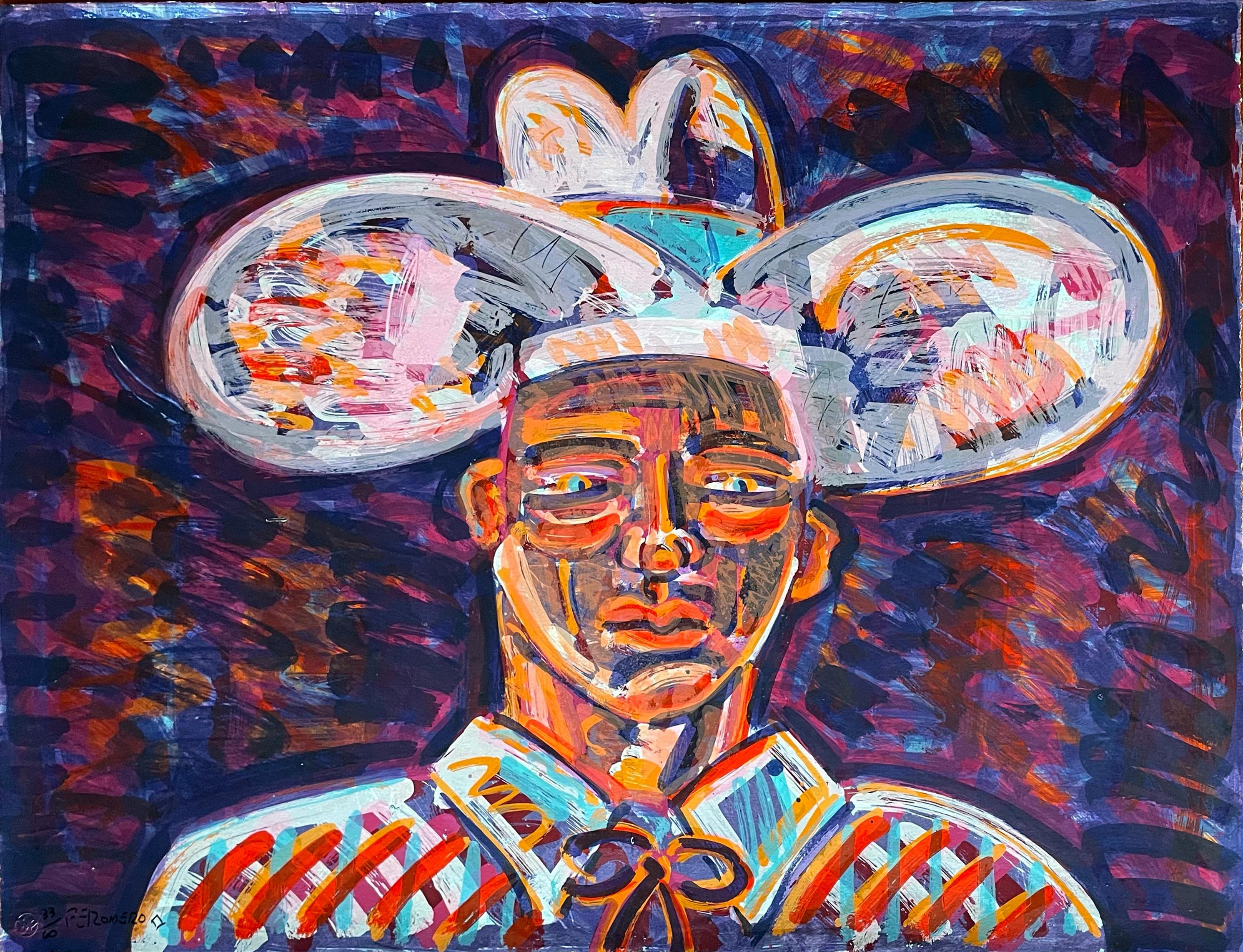 Firmado y numerado de la edición de 60 ejemplares. Imagen de un vaquero con un sombrero de gran tamaño. 
  
A lo largo de sus 40 años de carrera artística, Frank Romero ha sido un miembro dedicado de la comunidad artística de Los Ángeles. Como