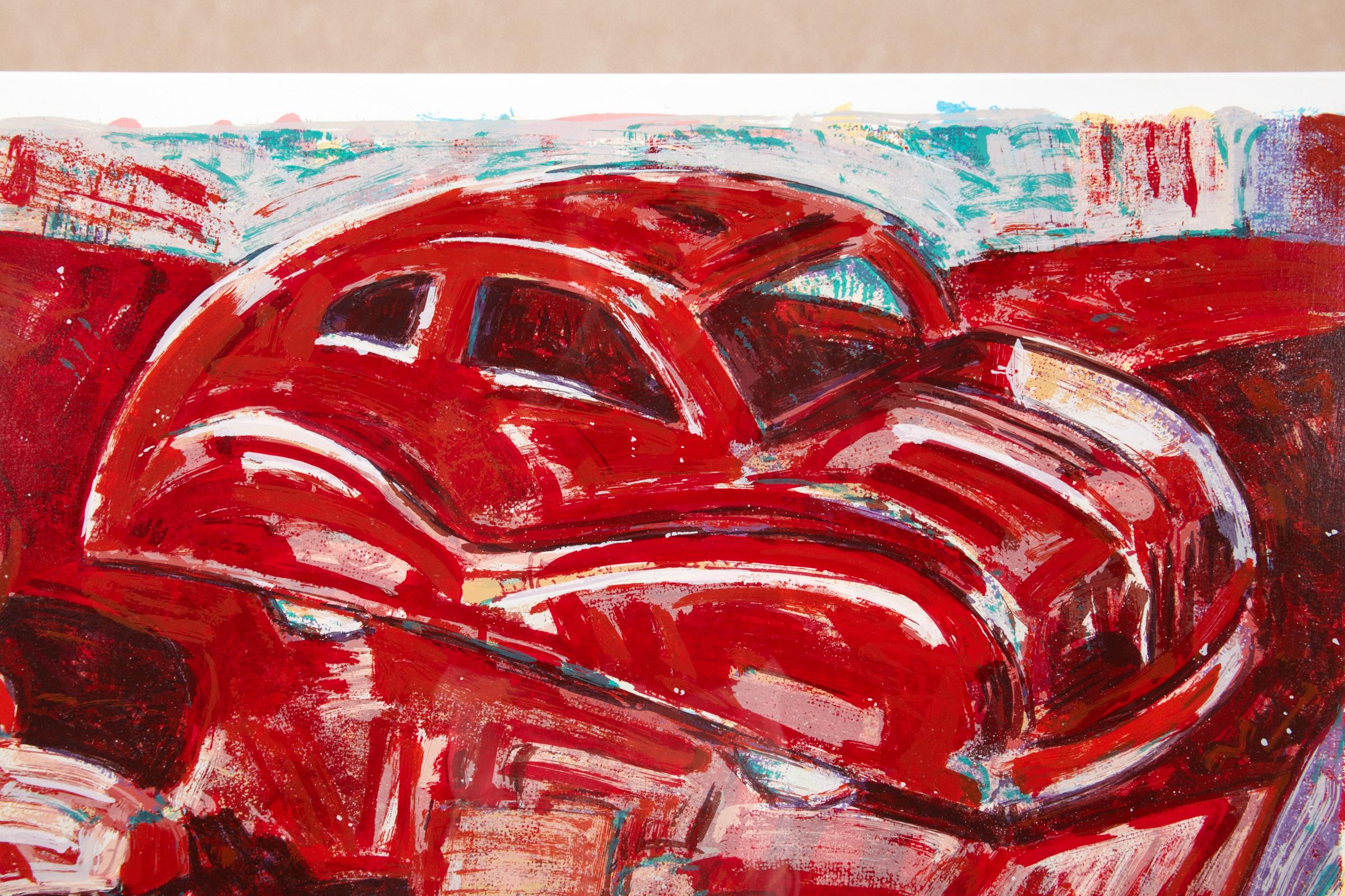 Frank Romero Signed Serigraph Limited Edition #20/90, Red Car In Good Condition In Plymouth, MA
