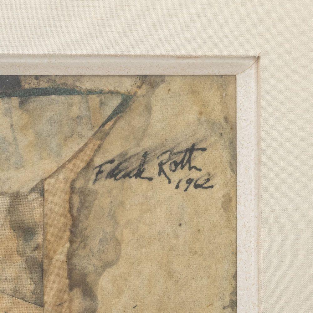 Frank Roth (américain, 1936-2019), Sans titre, huile et médium cireux sur papier avec éléments de collage, 1962, signé et daté en haut à droite, cadre en bois peint. Image : 10