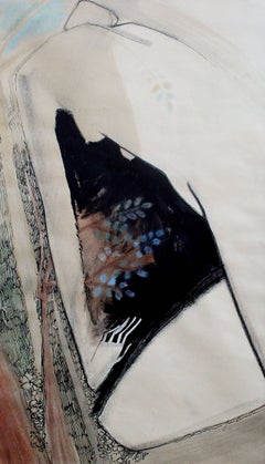 Figure abstraite dans la nature à l'encre et au pastel sur papier