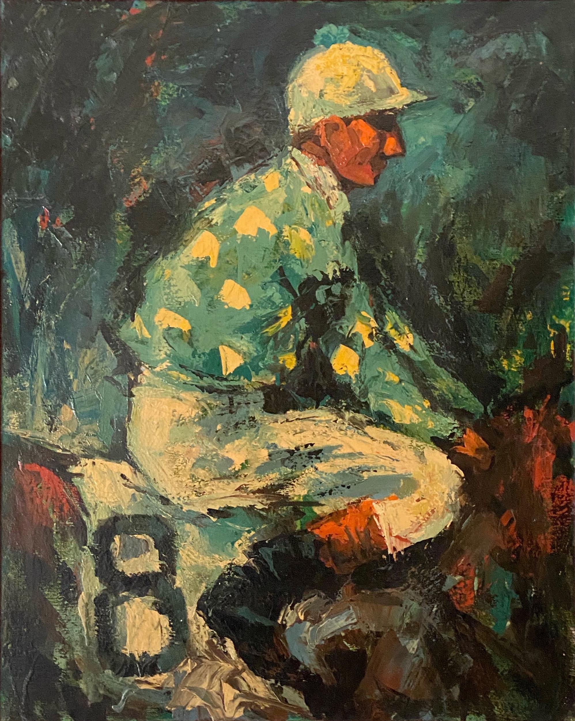 Green Jockey, Oil Painting on Canvas by Frank Rowland For Sale 1