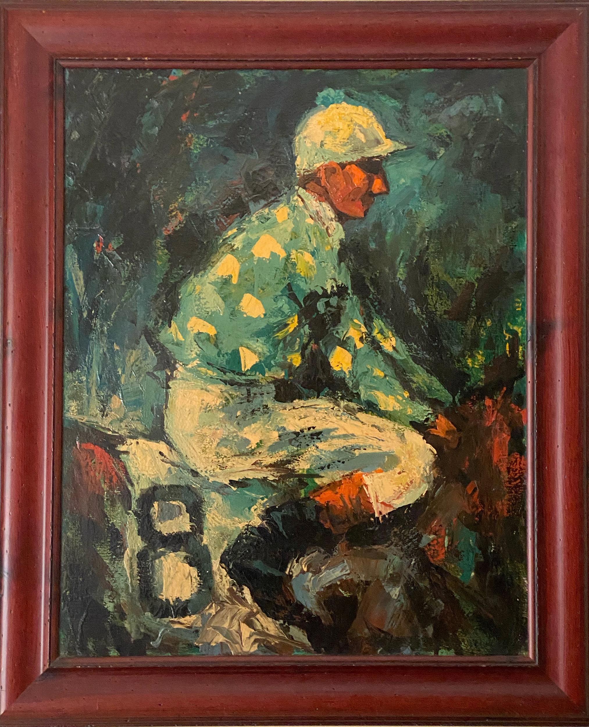 A painting of a jockey in a green shirt riding a horse with the number 8 on its saddle. The composition is cropped fairly close, cutting off everything but the back of the horse where the jockey is sitting. This piece is nicely framed and features a