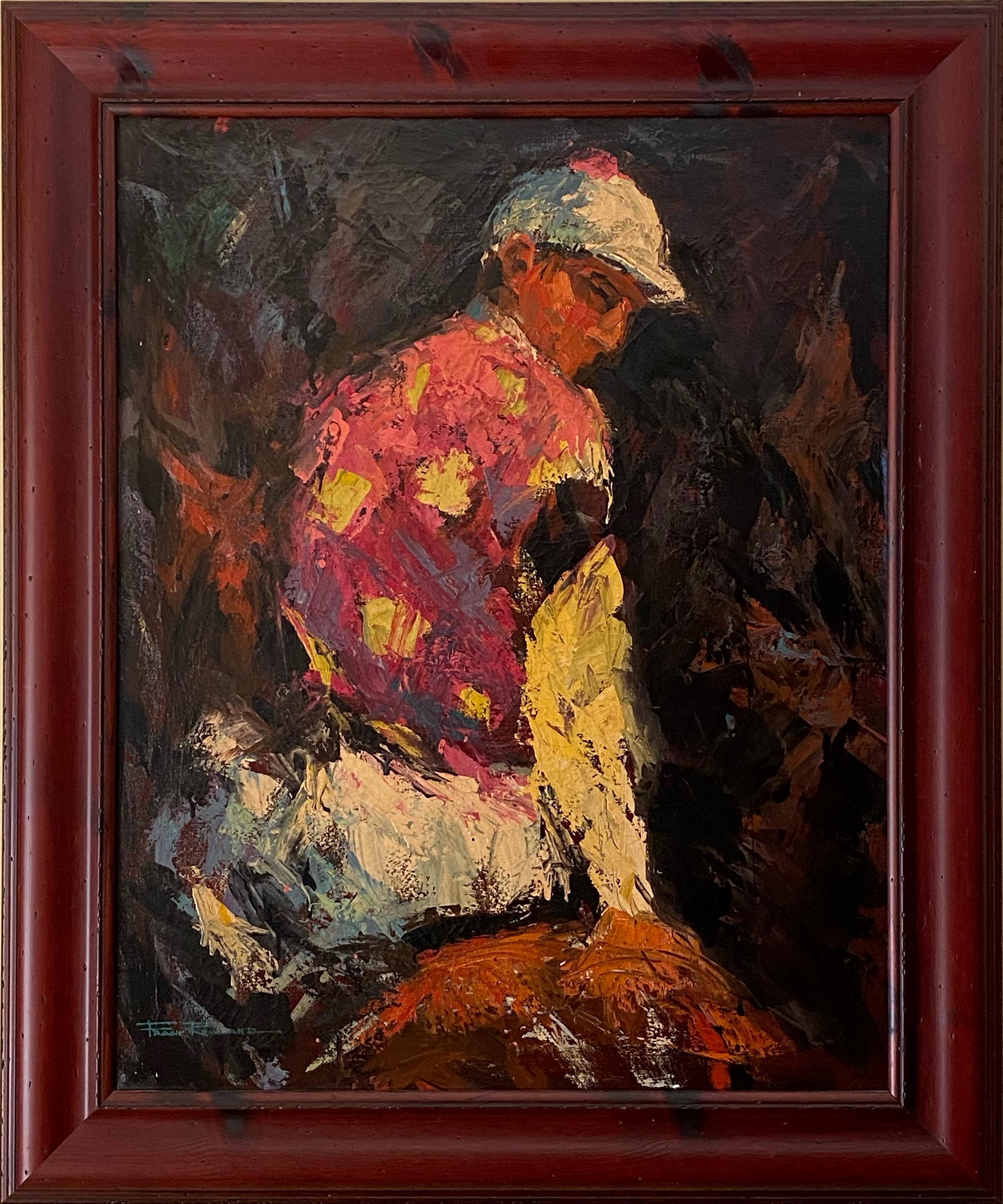 A painting of a jockey in a red shirt riding a horse as seen from behind. The composition is cropped fairly close, cutting off everything but the rear of the horse. This piece is nicely framed and features a signature by the artist on the