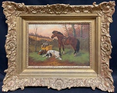 Fine Victorian Signed British Sporting Art Oil Painting Horse & Dog with Game