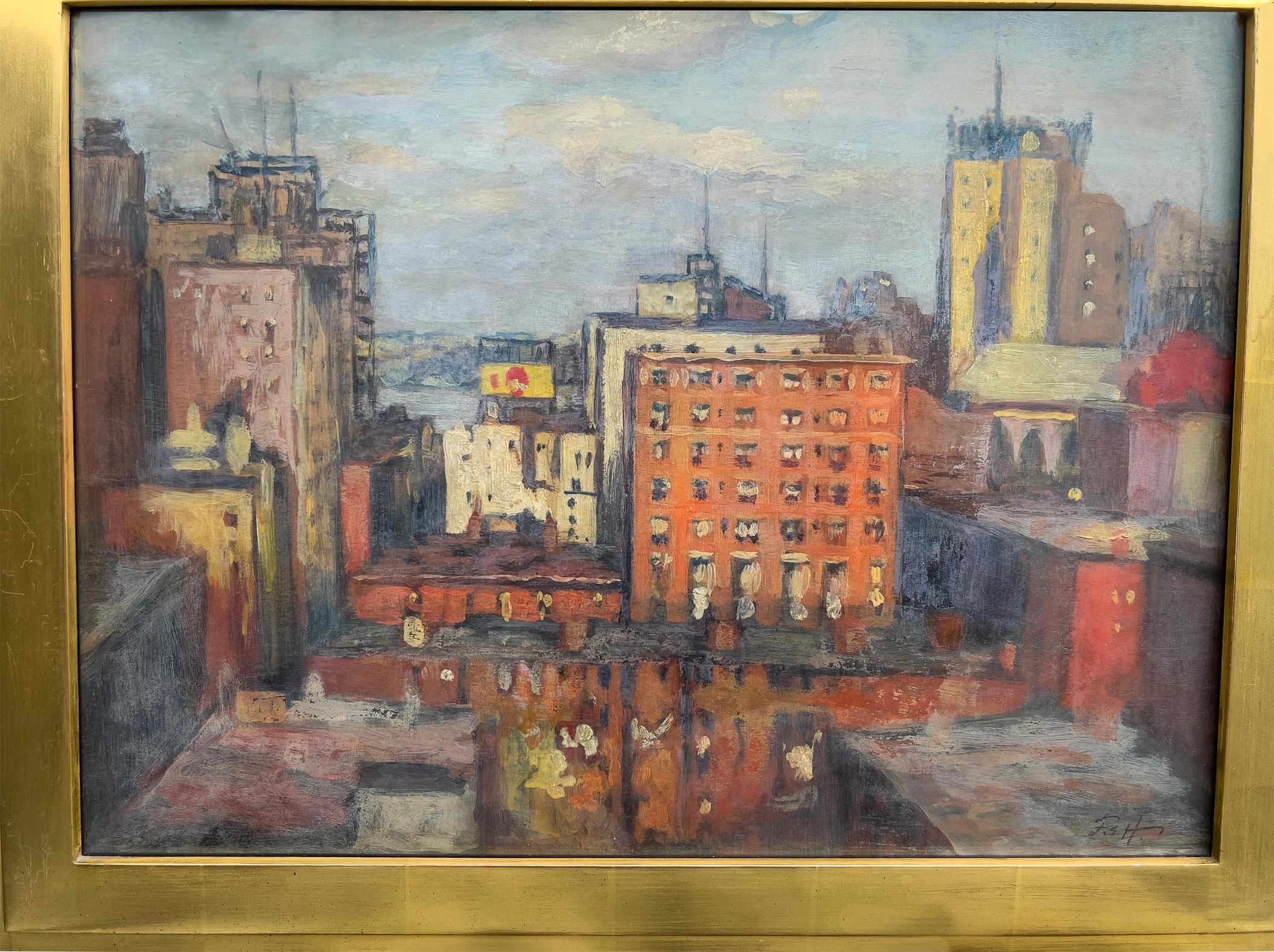 Rooftop view of the upper West Side Manhattan as it looked in the 1930s. There is a rough indication of a billboard and a glimpse of the Hudson River.  The cluster of buildings depicted function both as representation and abstraction painting.  