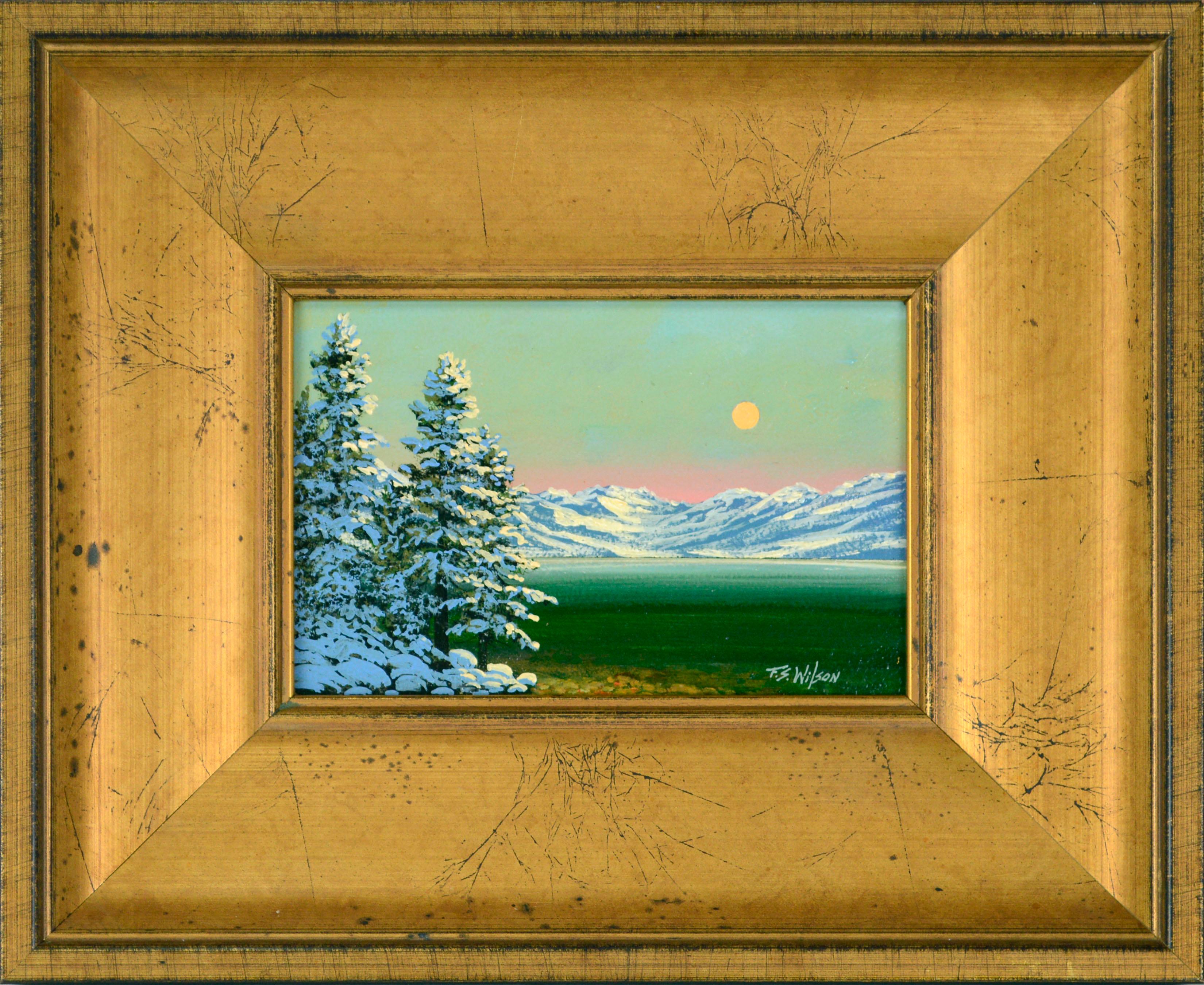 Frank S. Wilson Landscape Painting - "Winter View", Snowy Lake Tahoe Miniature Landscape 