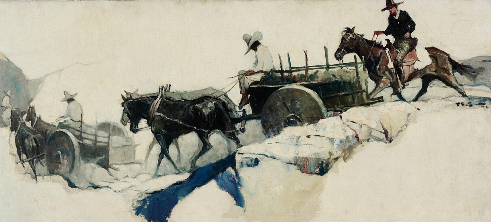 Figurative Painting di Frank Schoonover - "An He aveva trovato la sua preda, ora la domanda era: cosa fare" Illustrazione western