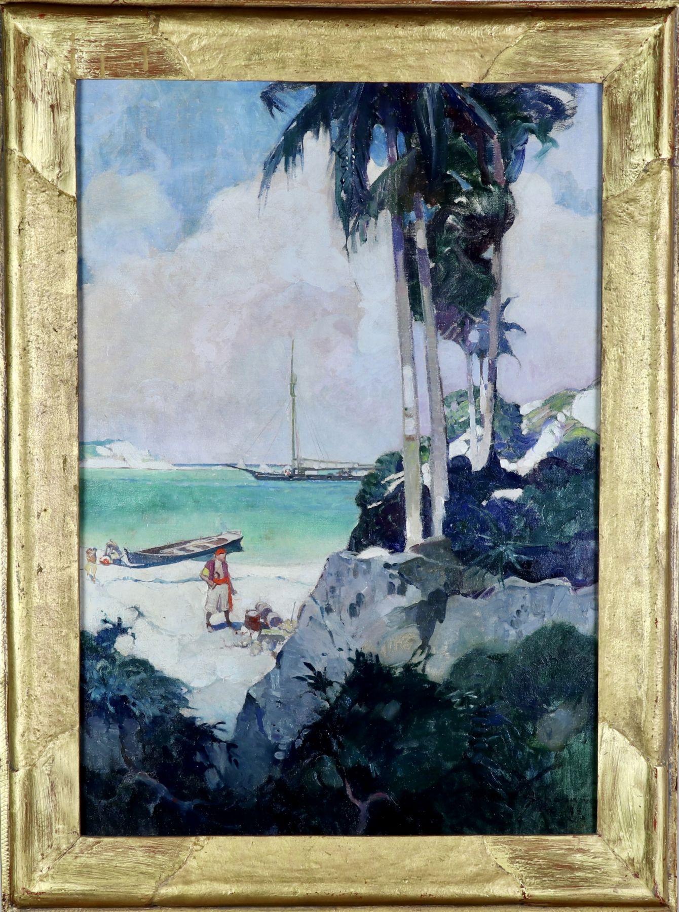 La scialuppa gettò l'ancora vicino all'estremità superiore del porto - Painting di Frank Schoonover