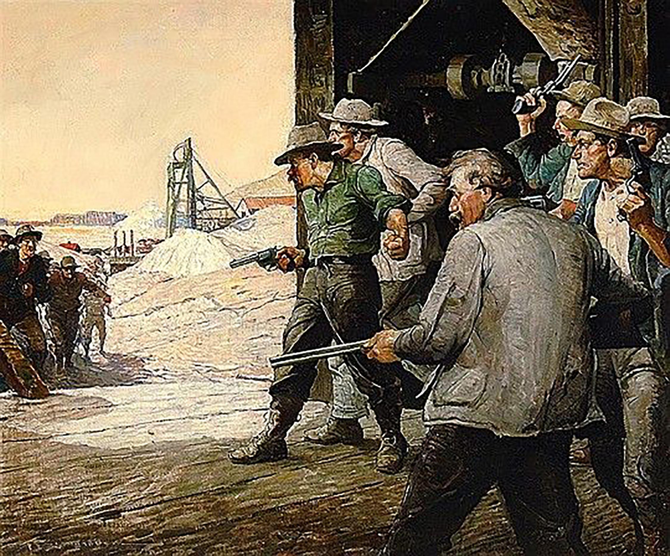 Figurative Painting di Frank Schoonover - Chi ha fatto un numero di Six Shooters, (California Mine; Copper Sky)