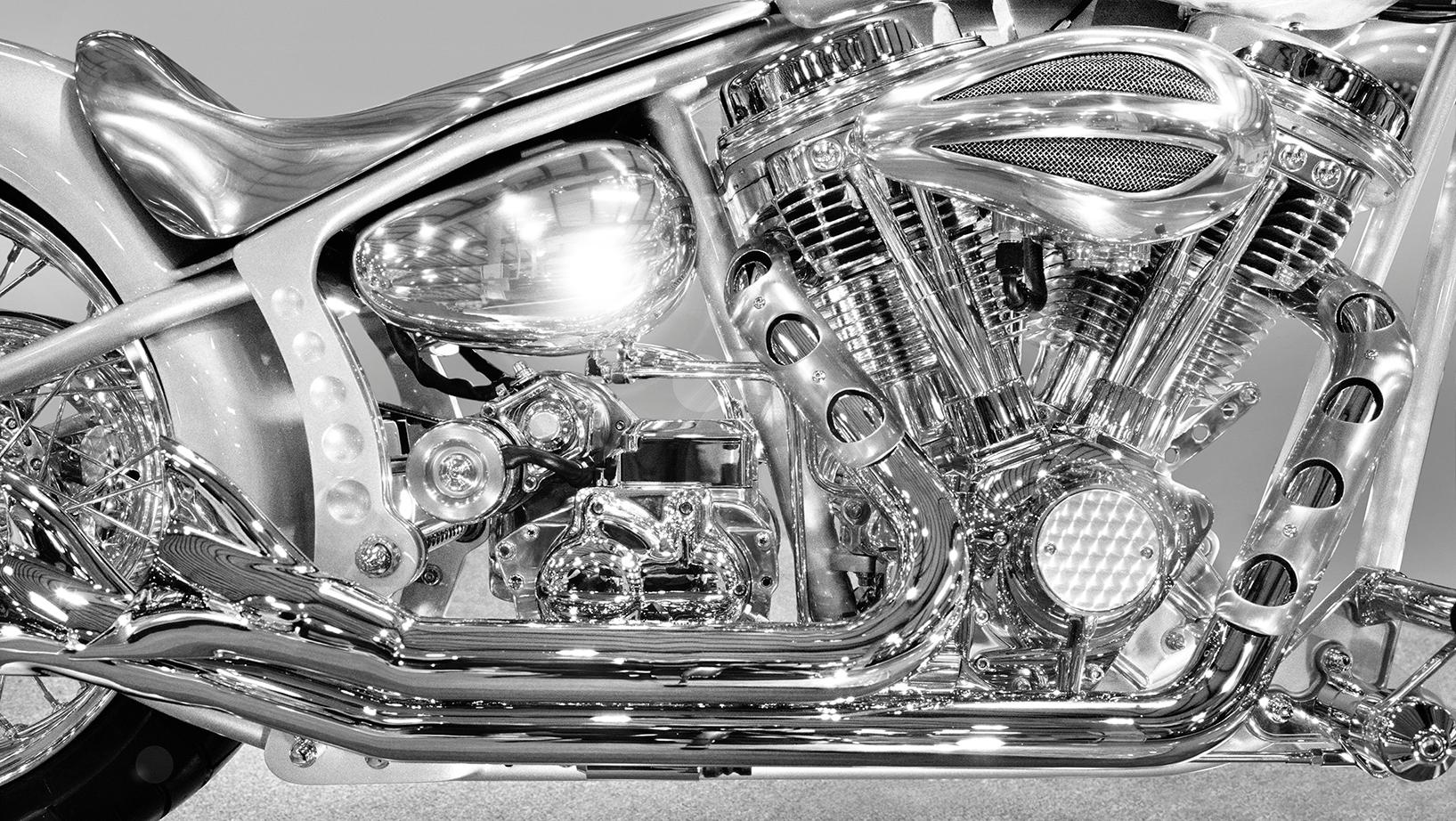 Frank Schott Black and White Photograph - Chopper 2003 - large format photograph of iconic Harley Davidson chrome details