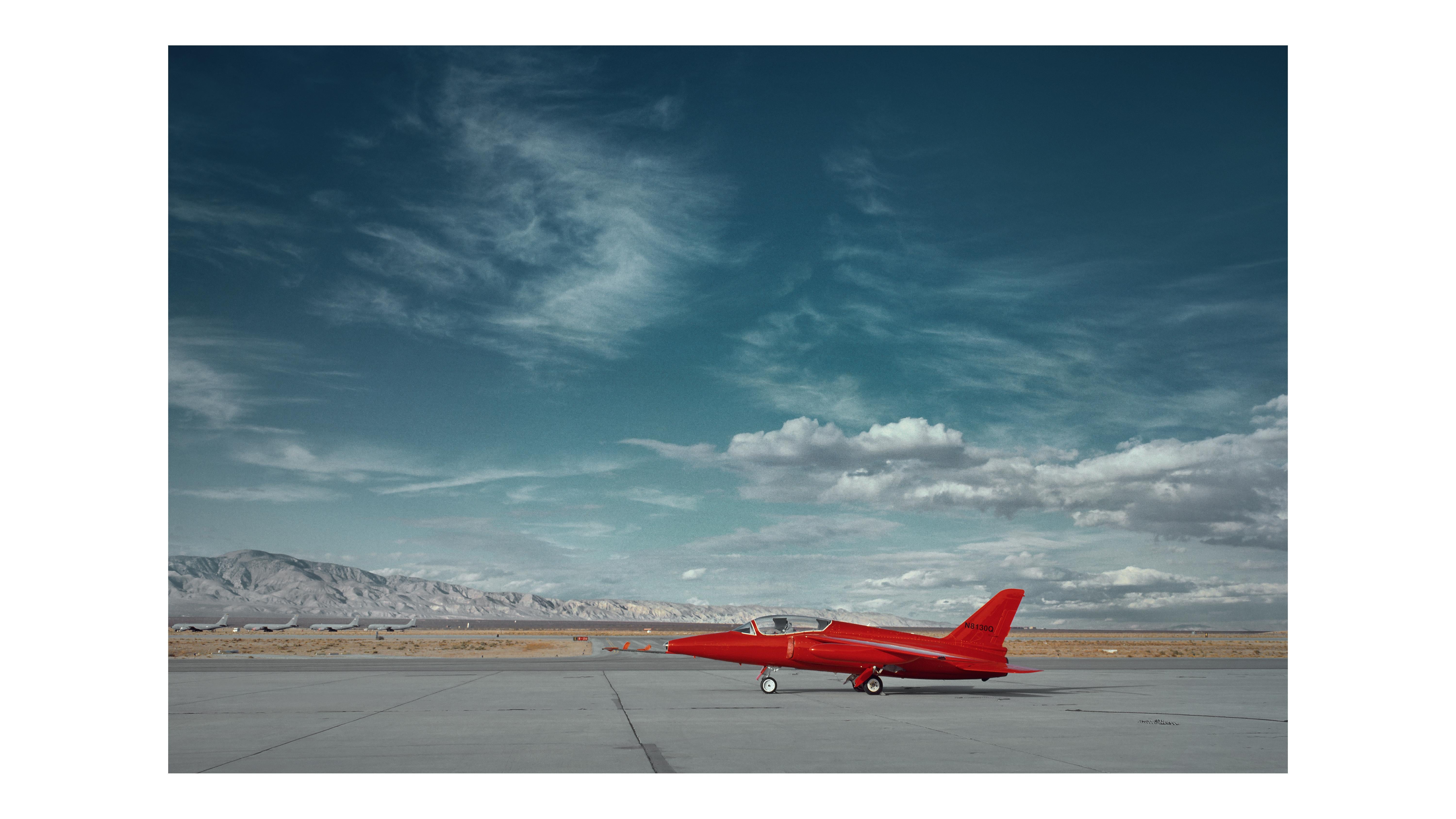 Frank Schott Landscape Print - Red Jet - iconic vintage private jet plane on desert airport tarmac (26 x 40")