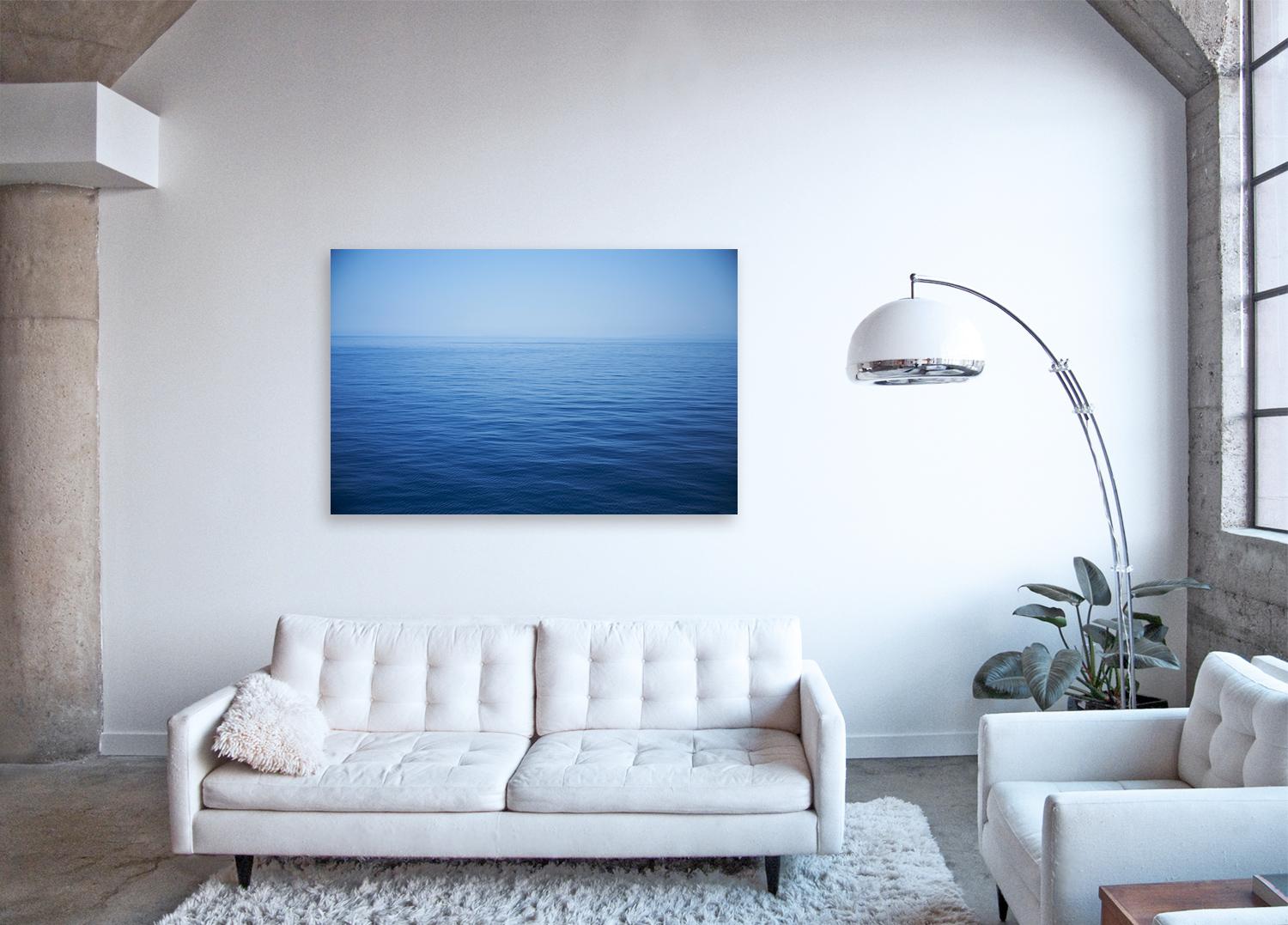 Seascape X - large format photograph of monochrome blu water surface and horizon - Blue Landscape Print by Frank Schott