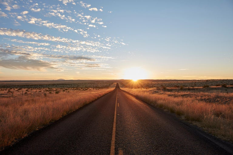 Frank Schott Landscape Print - Marfa { The Road } - large scale photograph of endless road and horizon sunset