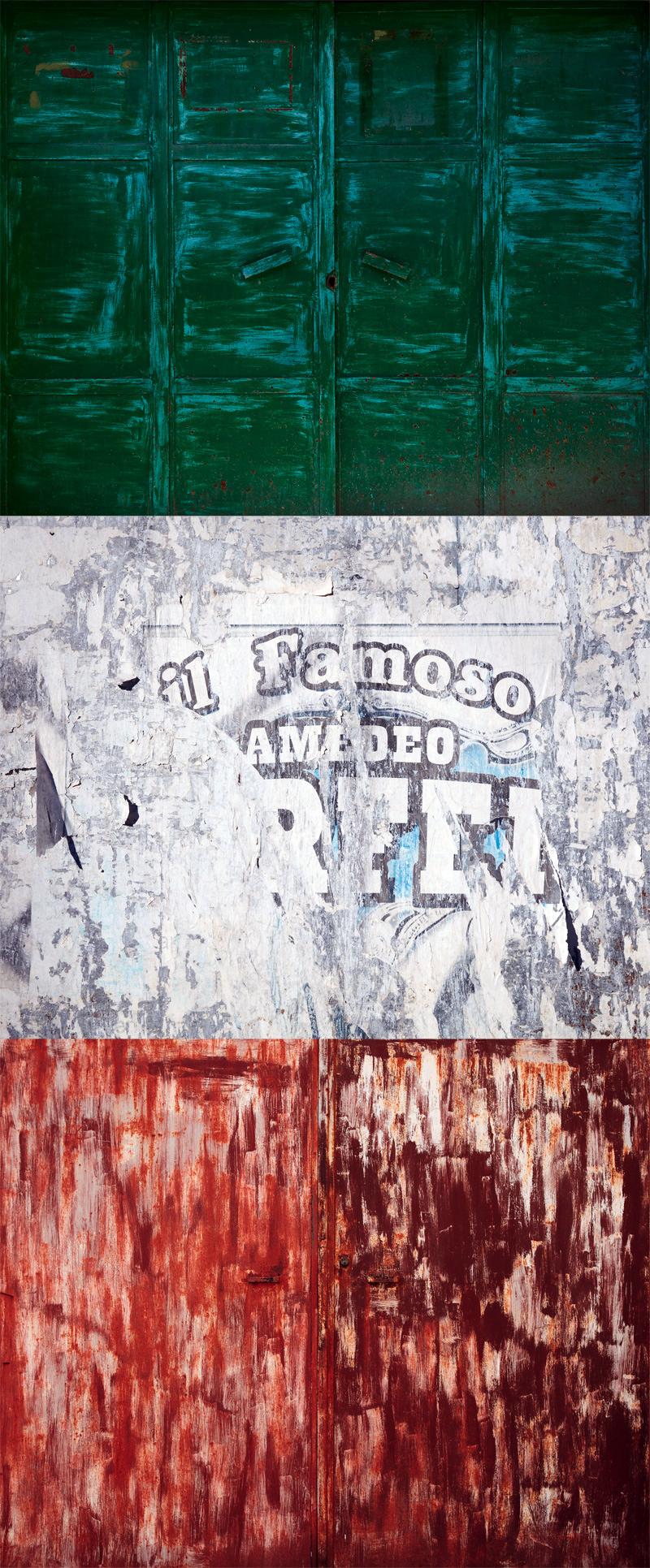 Dreifarbige – Abstraktion urbaner italienischer Farbpalette und Palimpsest-Texturen  im Angebot 1