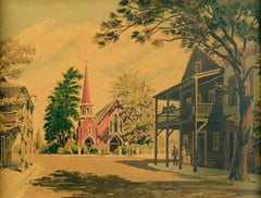 "Sunday Service", Mid-Cent Figurative Village Scene with Church, Frank Serratoni