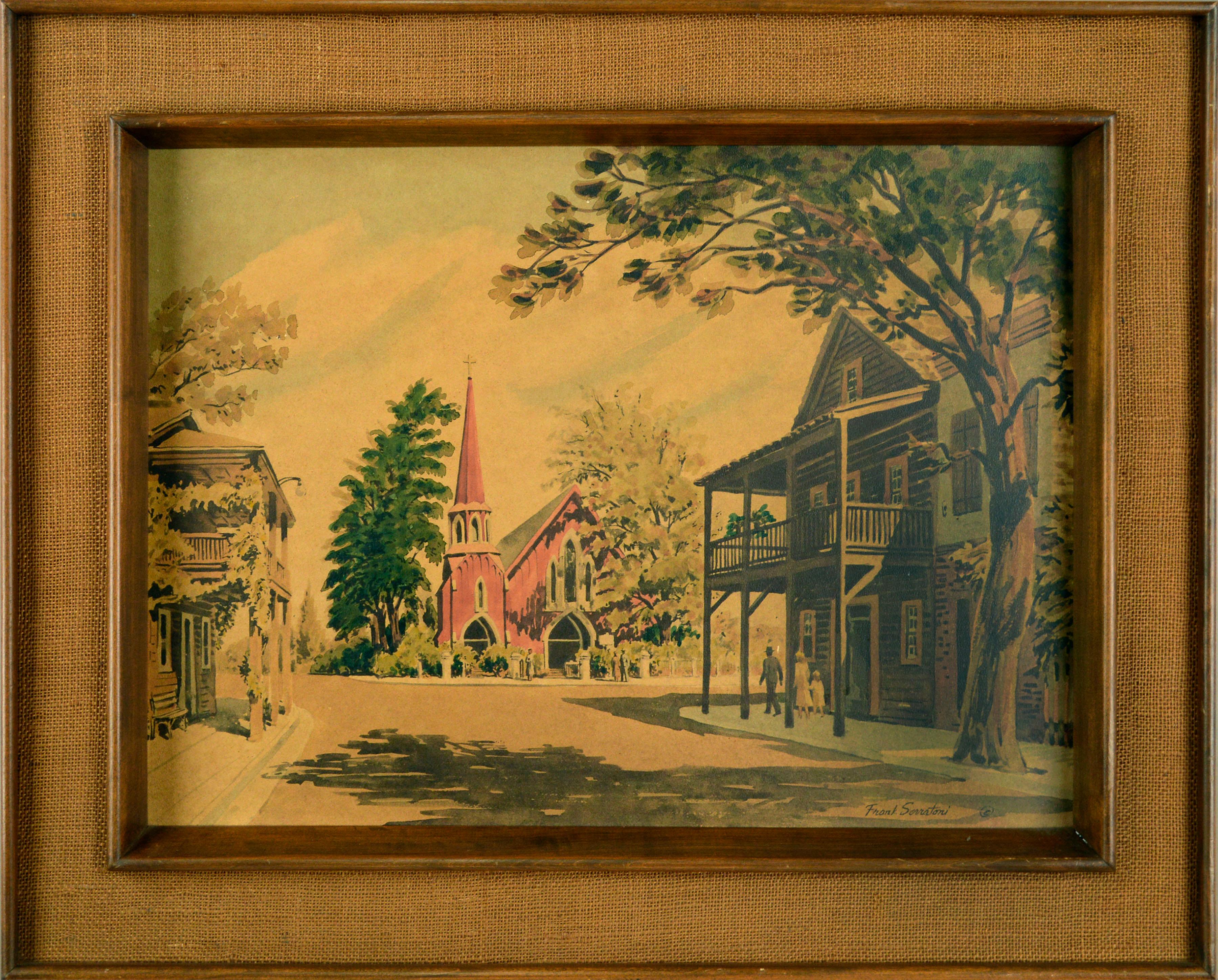 "Servizio domenicale", scena di villaggio figurativo di metà secolo con chiesa, Frank Serratoni
