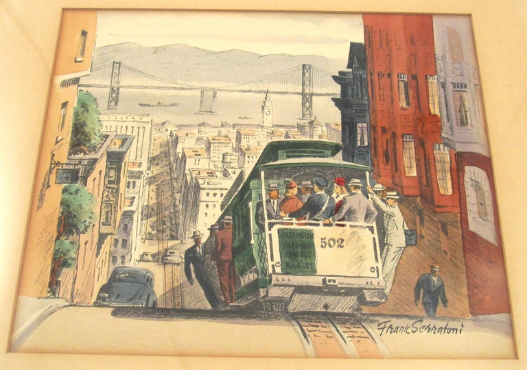 Frank J. Serratoni
(American, 1908-1970)

Cable Car # 502 , San Francisco , USA

1950 's lithograph with watercolour wash behind passpartout, visible image ca. 21 x 25.5 cm
Glased frame ca. 34.5 x 40 cm
Signed bottom right

Frank Serratoni was born