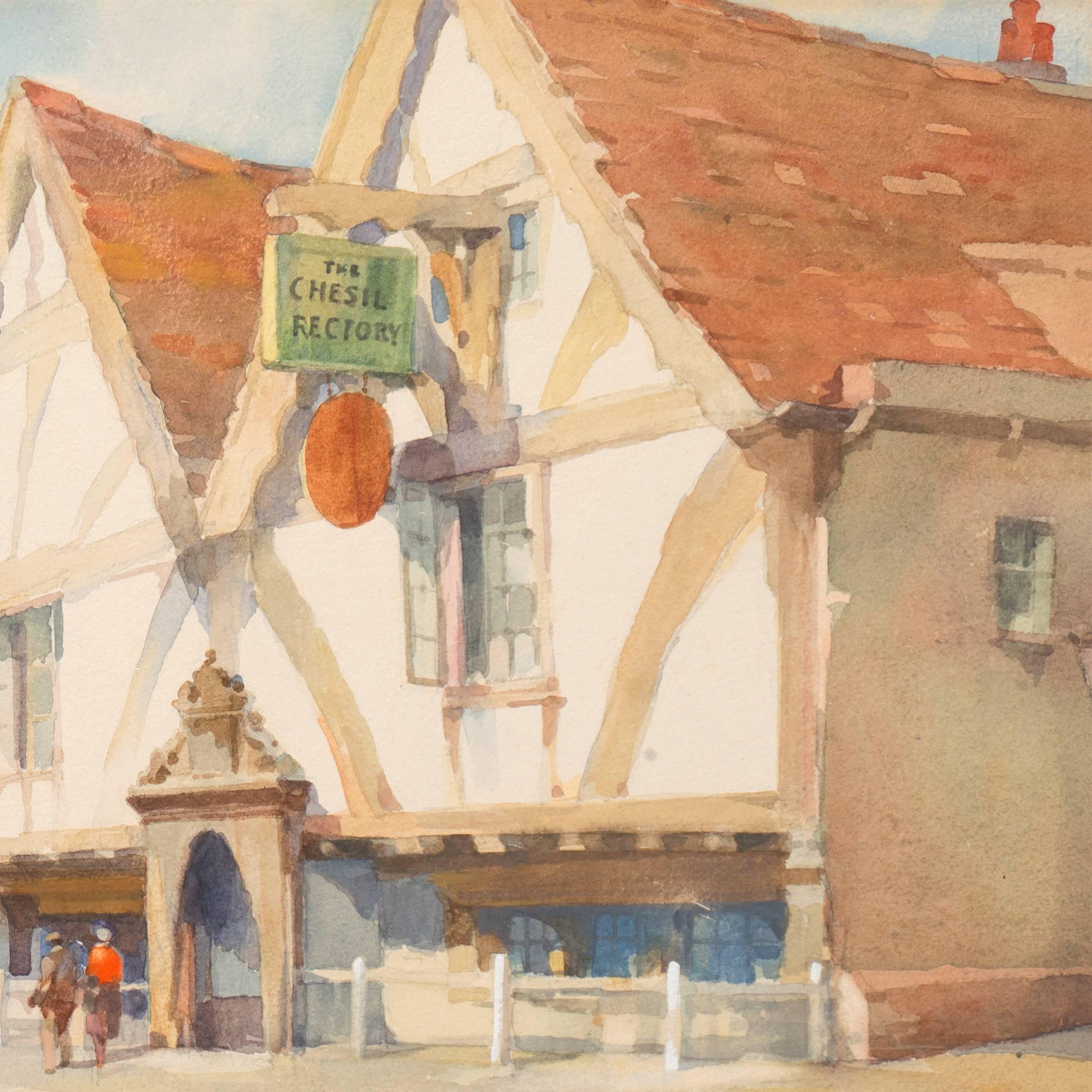 'Broad Street, Winchester', Medieval Cityscape, Heatherly School of Fine Art - Beige Landscape Painting by Frank Sherwin