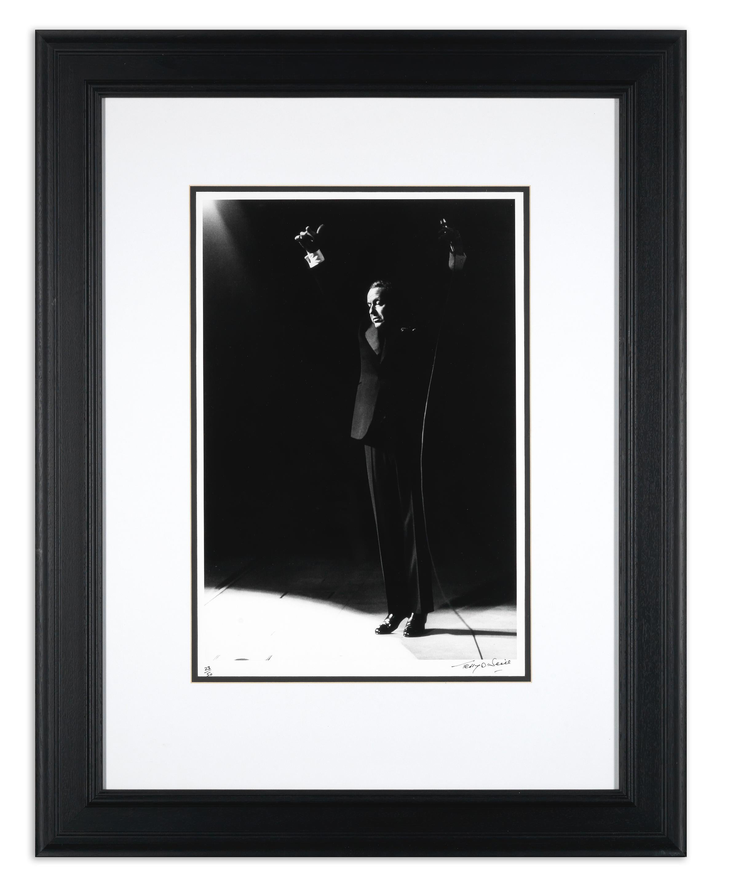 This photograph features the renowned Frank Sinatra performing on stage in London, captured by Terry O'Neill in a now iconic shot. The composition is remarkable, with the silhouette of the microphone amplified by the reflecting light against a dark