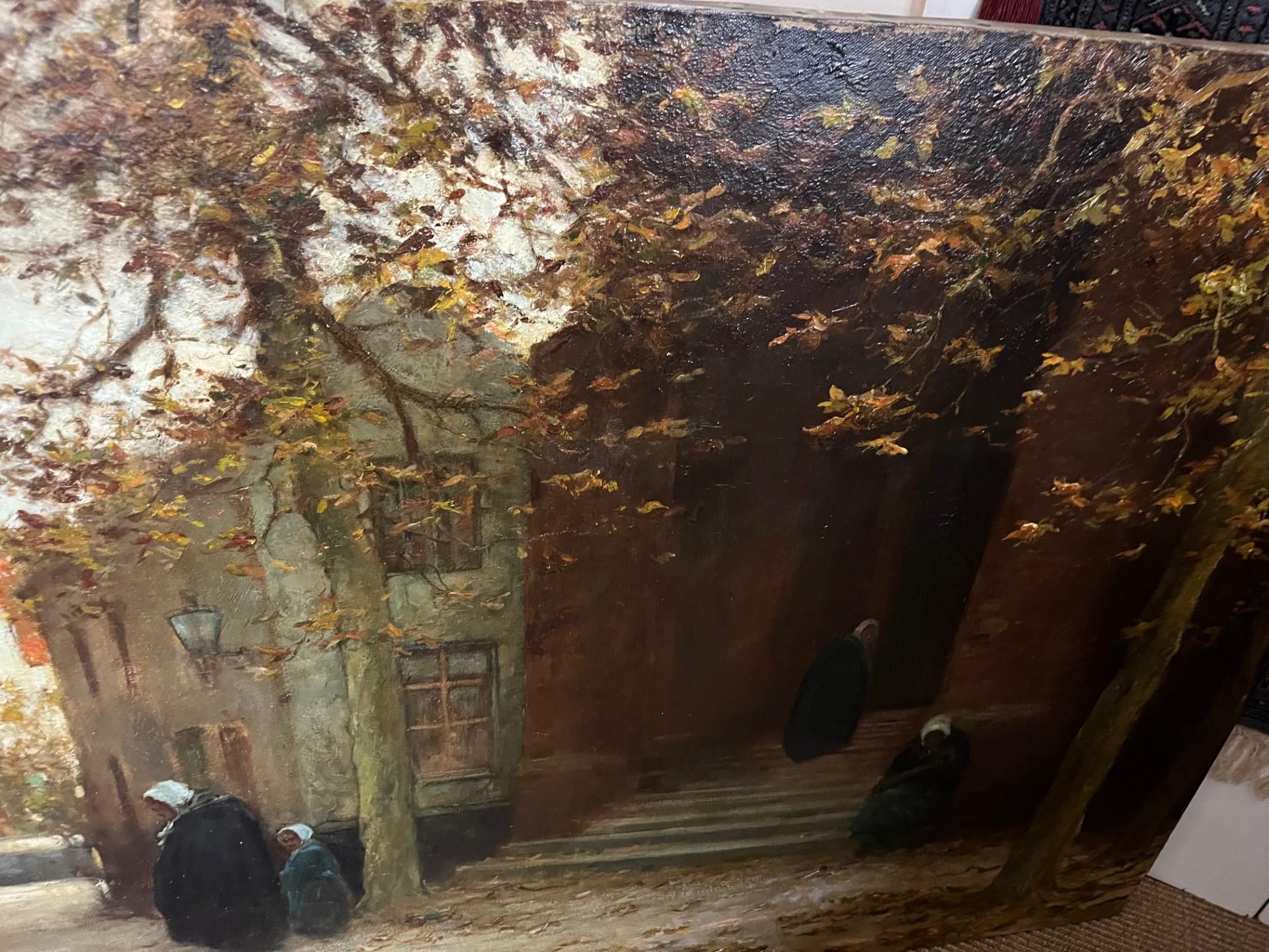 Pintura al óleo impresionista de principios del siglo XX Paisaje de Flandes Figuras en venta 9