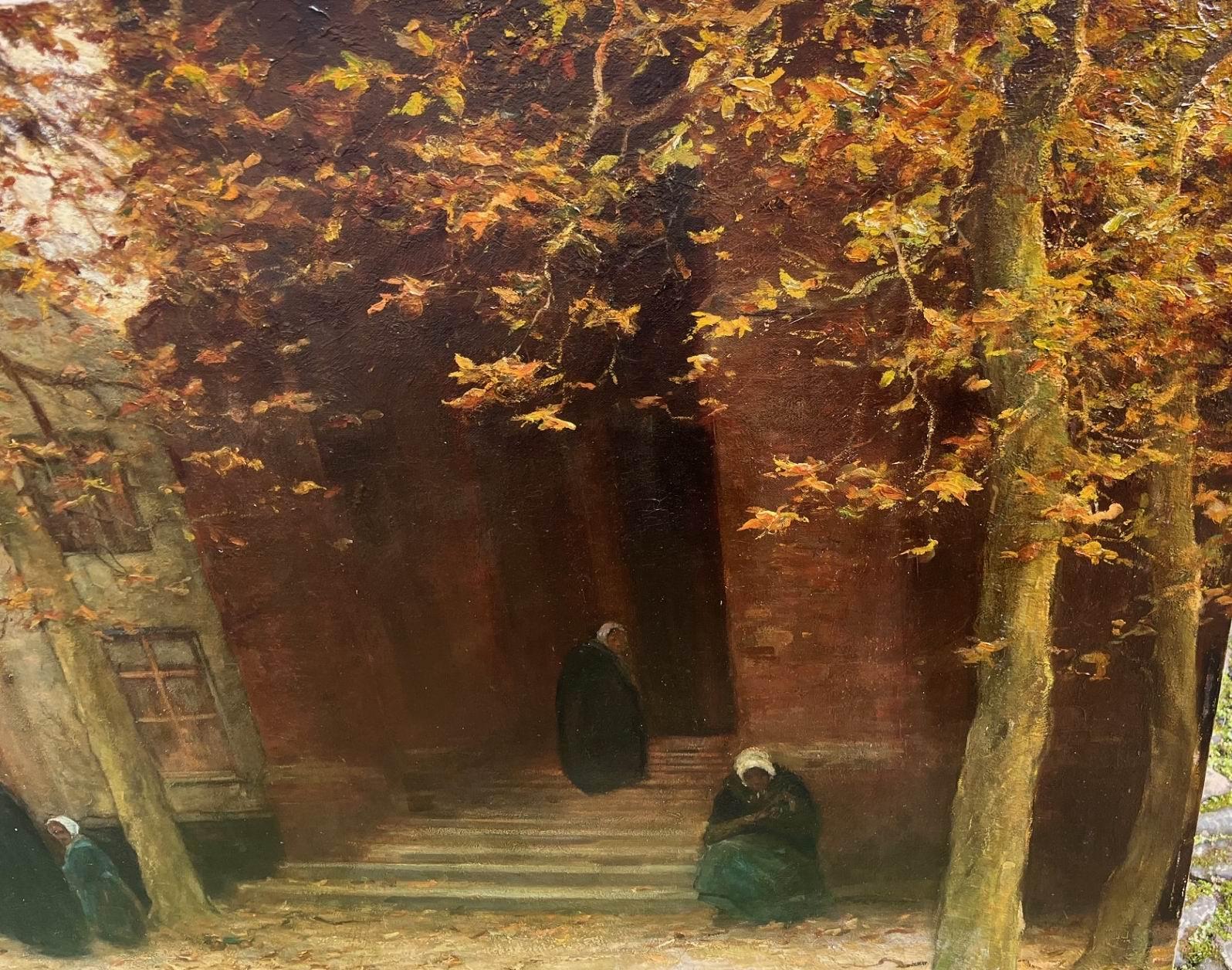 Pintura al óleo impresionista de principios del siglo XX Paisaje de Flandes Figuras en venta 3