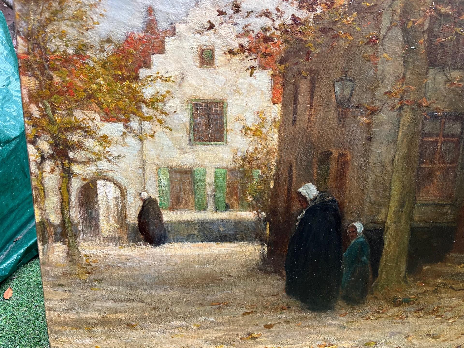 Pintura al óleo impresionista de principios del siglo XX Paisaje de Flandes Figuras en venta 4