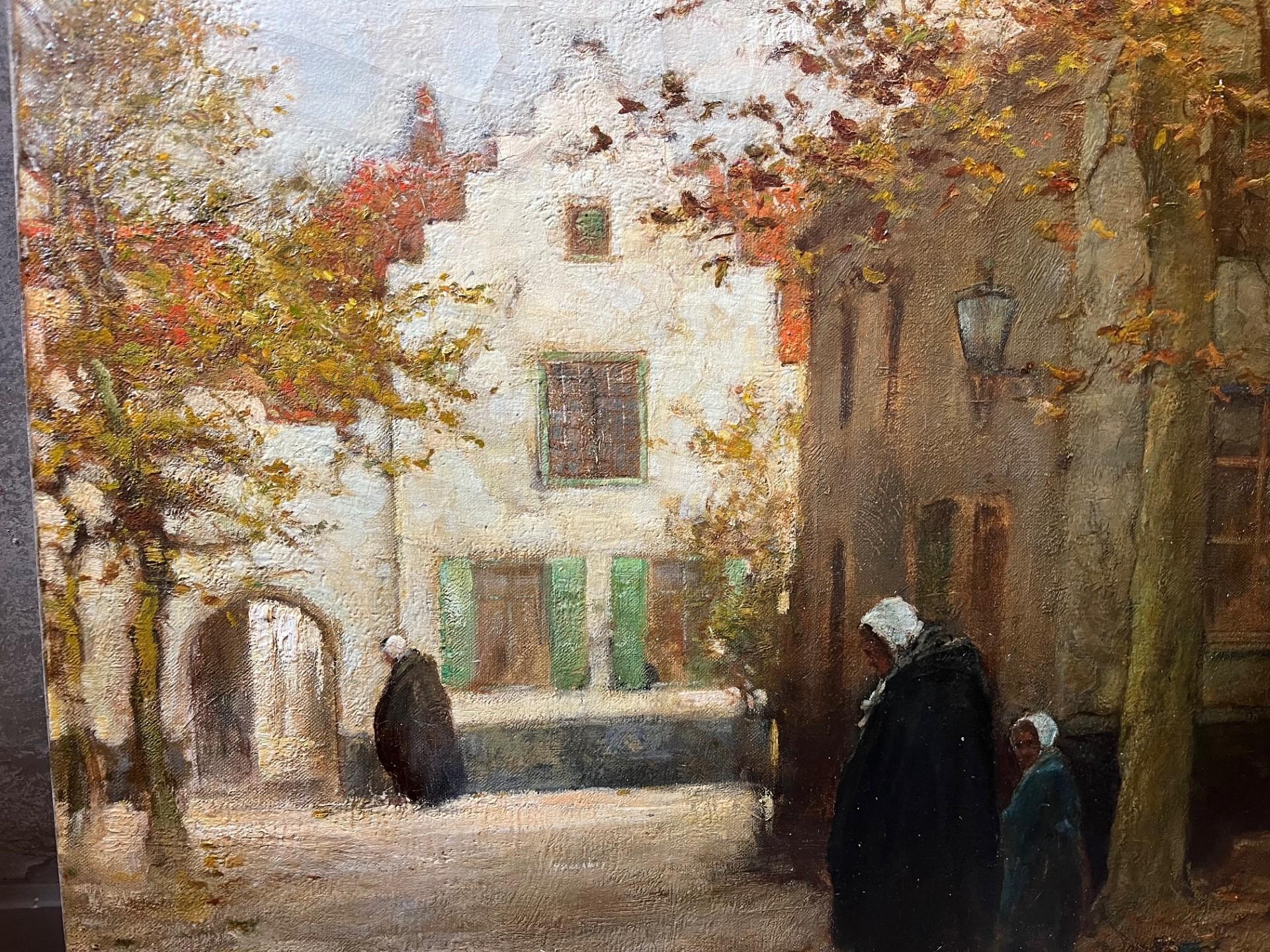 Pintura al óleo impresionista de principios del siglo XX Paisaje de Flandes Figuras en venta 5