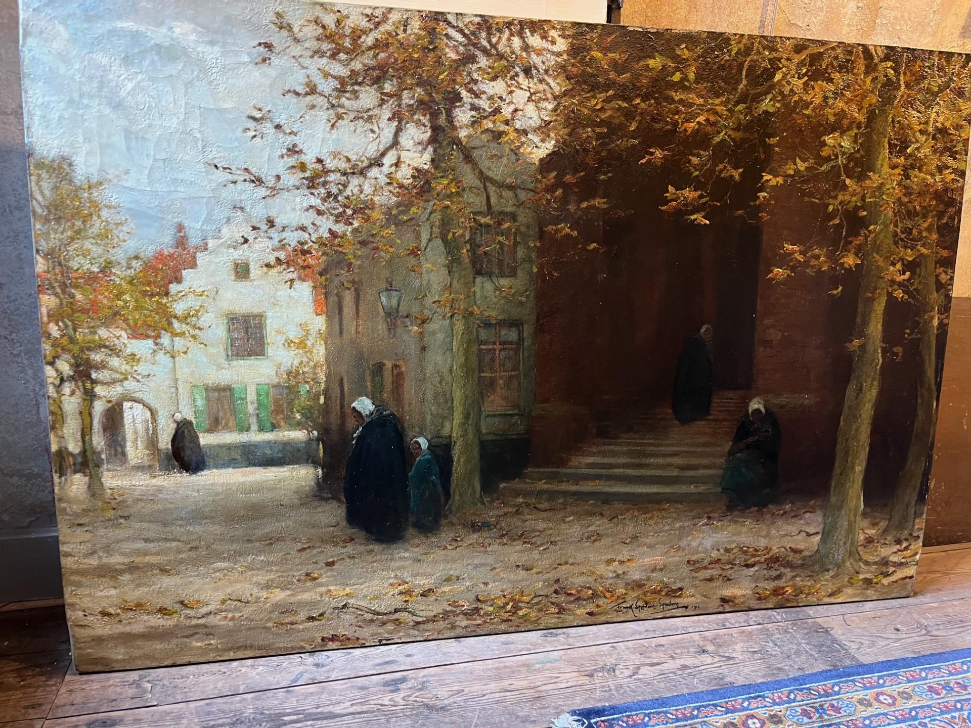Pintura al óleo impresionista de principios del siglo XX Paisaje de Flandes Figuras en venta 6