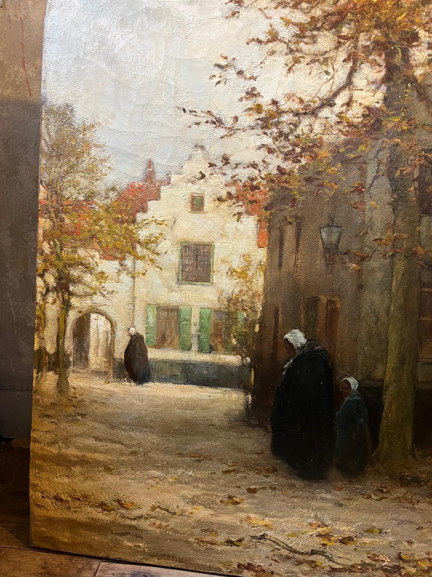 Pintura al óleo impresionista de principios del siglo XX Paisaje de Flandes Figuras en venta 7