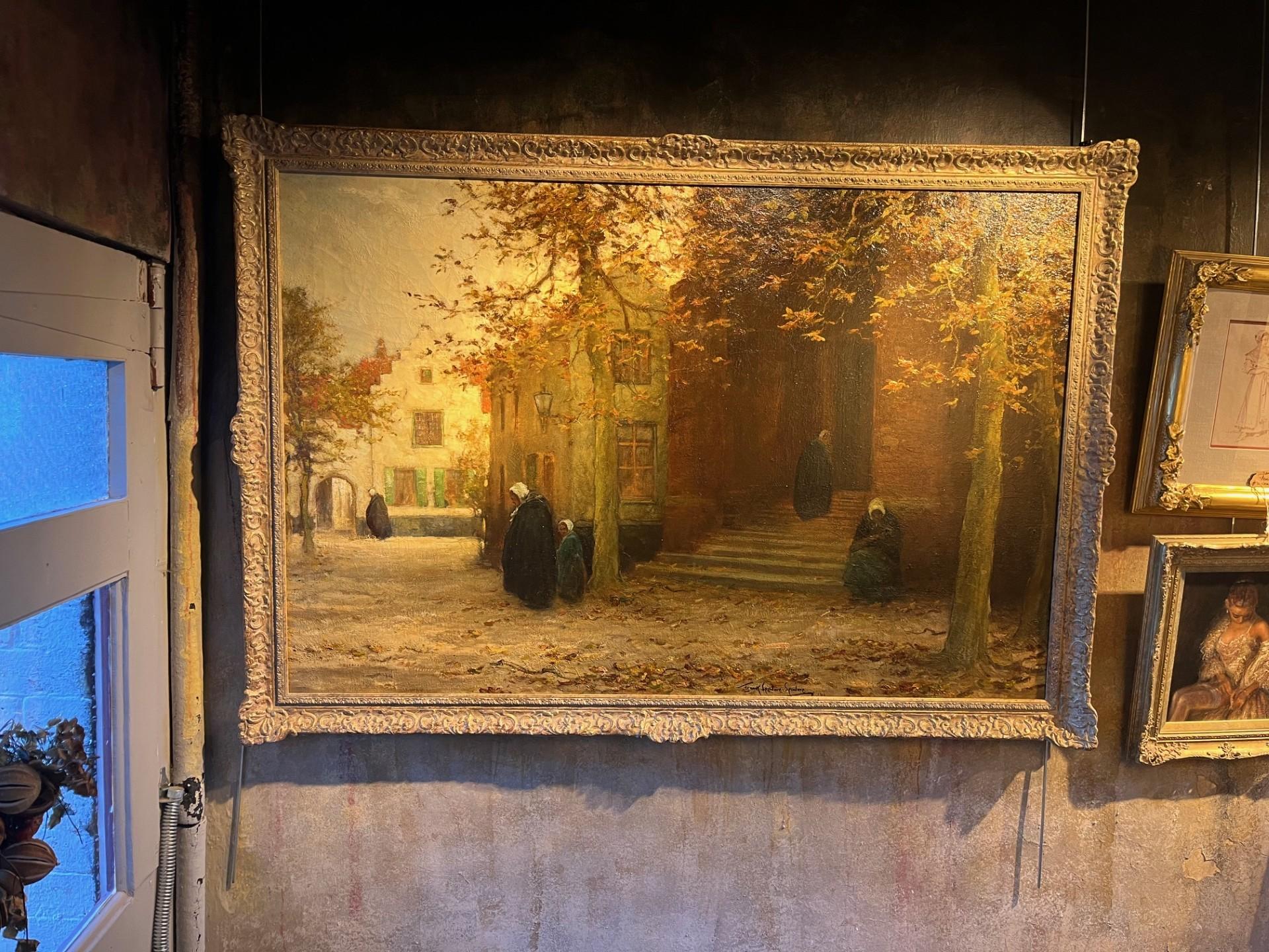 Pintura al óleo impresionista de principios del siglo XX Paisaje de Flandes Figuras en venta 10