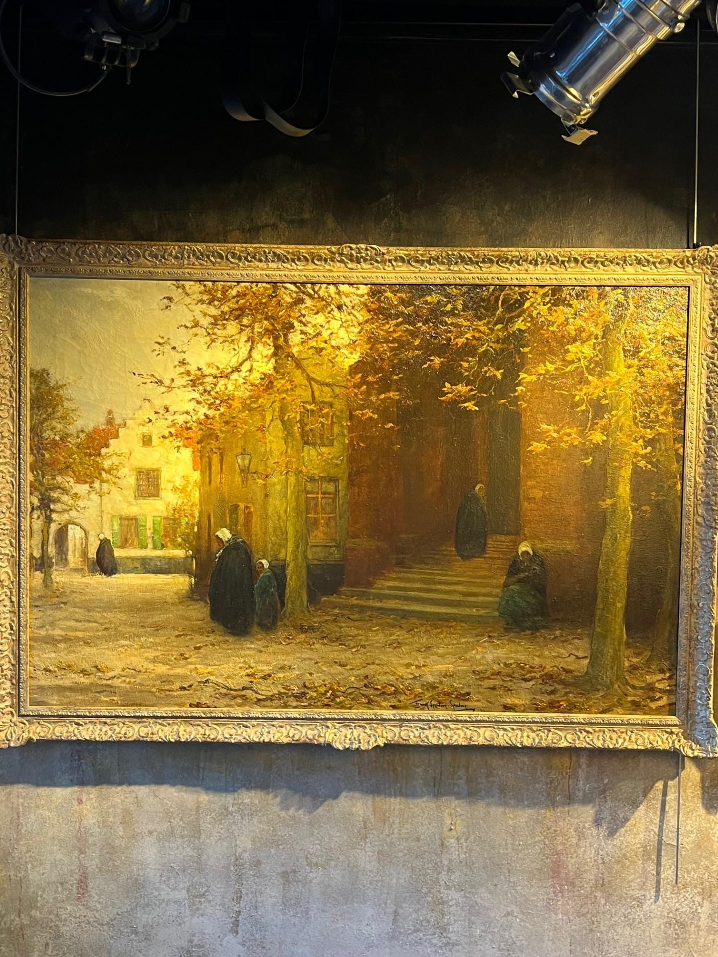 Paisaje impresionista de principios del siglo XX Pintura al óleo sobre lienzo en bastidor de Flandes con iglesia y figuras.  Un cuadro grande e impresionante de Frank Spenlove Spenlove RI, ROI, RBA, R Cam A y RBC.
Este cuadro es muy especial, fue