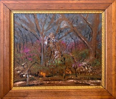 Vintage Expressionist Night Scene Oil Painting Trees and Flowers Southern Landscape