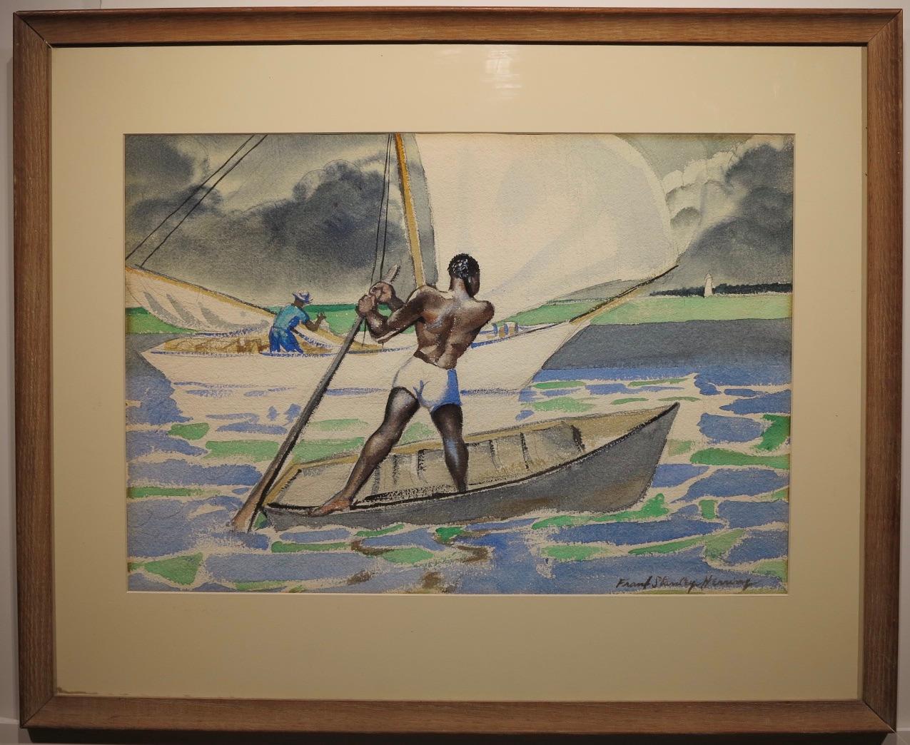 Magnifique peinture réalisée vers 1935 par l'artiste américain Frank Stanley Herring (1894-1966). Aquarelle sur papier chiffon lourd fait à la main mesure 14.5 x 19 pouces, 23 x 28 pouces dans le cadre original en chêne vintage. Signé en bas à