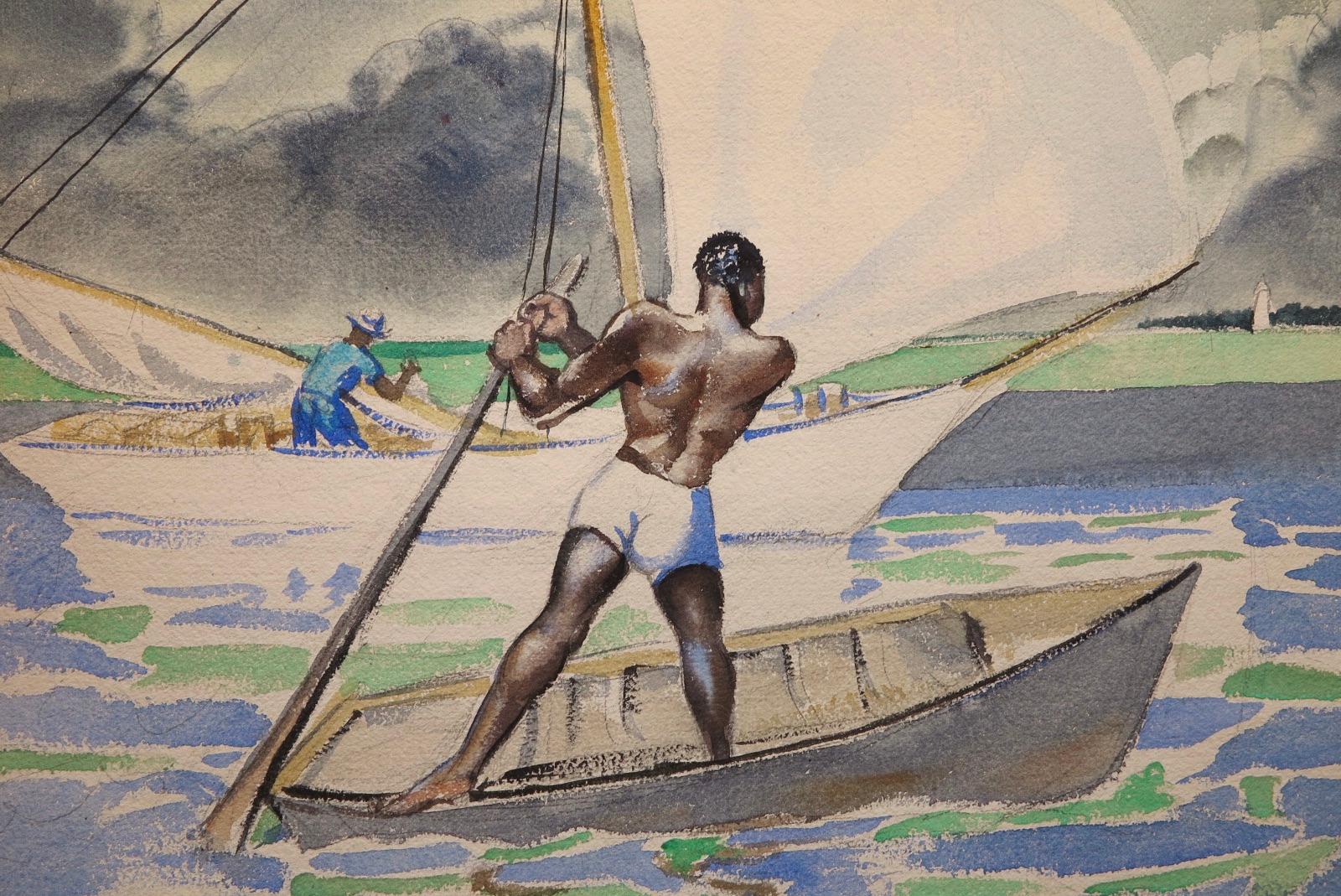 Frank Stanley Herring Figurative Painting - Fishermen, Bahamas (North Carolina artist)