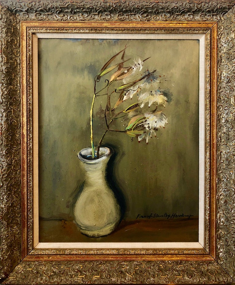 Flowers in a Vase Southern Oil Painting Modernist Floral Still Life - Gray Interior Painting by Frank Stanley Herring