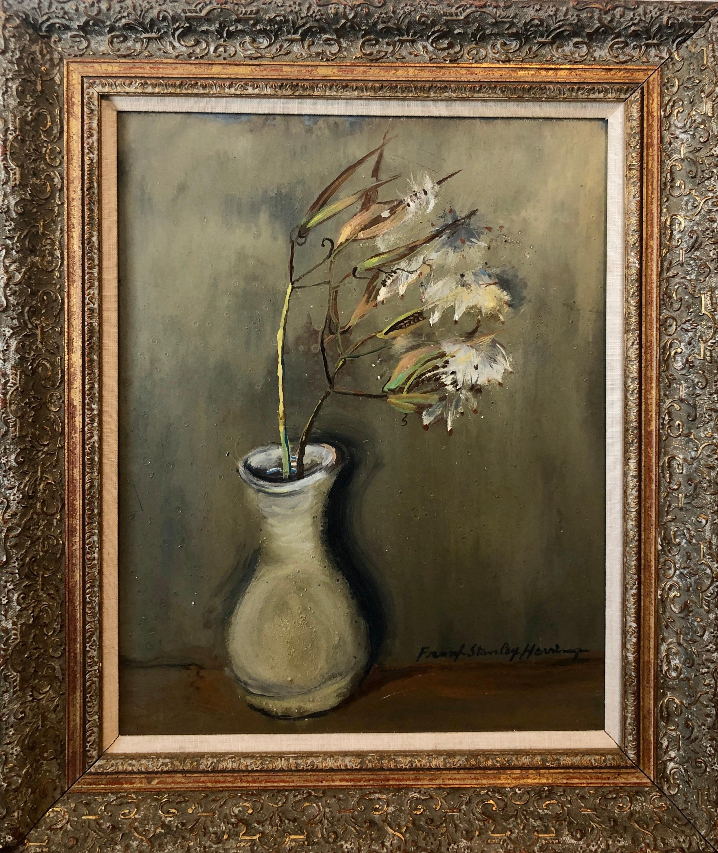 Modernist still life of flowers.
Oil on board  16 x 20 in., 22.25 x 26.25 inches framed.
signed lower right.

Frank Stanley Herring  (1894 - 1966)
Frank Stanley Herring was active/lived in Georgia, New York.  American artist Frank Herring is known
