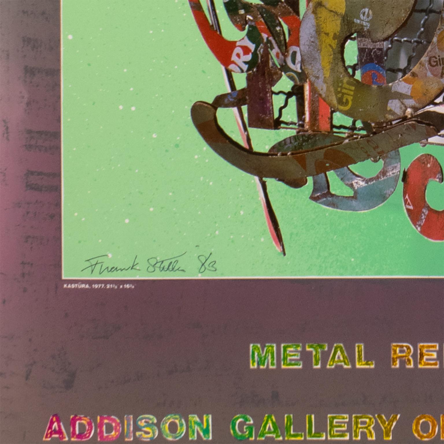 This shimmering, metallic vintage poster with rainbow text and layers of texture must be seen in person to appreciate Frank Stella's masterful design.  Original exhibition poster for Frank Stella’s Metal Reliefs exhibition at the Addison Gallery of