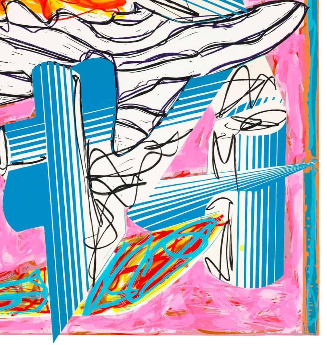 De colores brillantes y cautivadora, Frank Stella And the Holy One, Blessed Be He, Came and Smote the Angel of Death, de Illustrations After El Lissitzsky's Had Gadya, 1984 habla de la inclinación artística de Stella hacia la pintura no